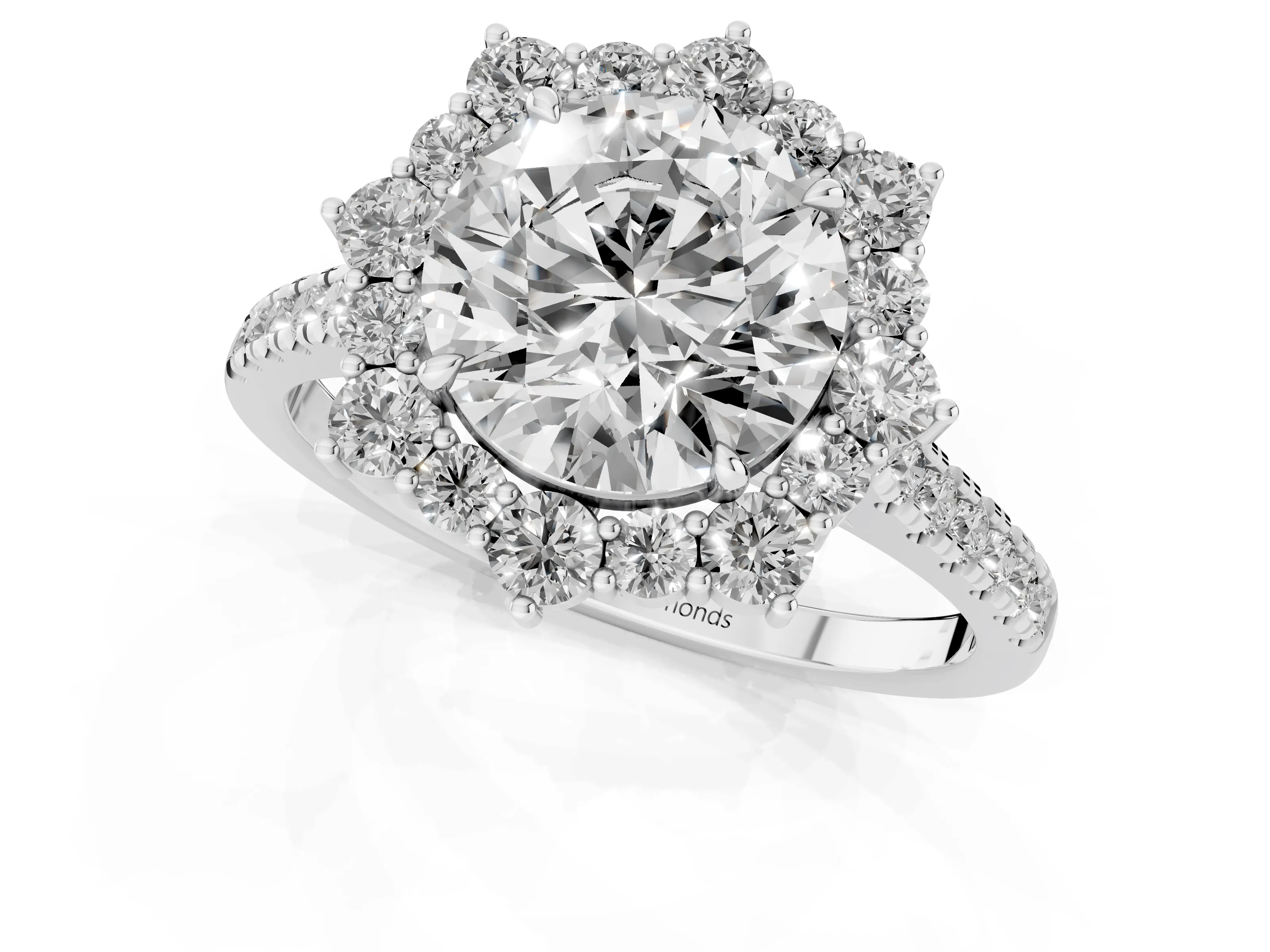 Round Cut Diamond Halo Ring Set in Silver with Pavé Band and Prong Setting