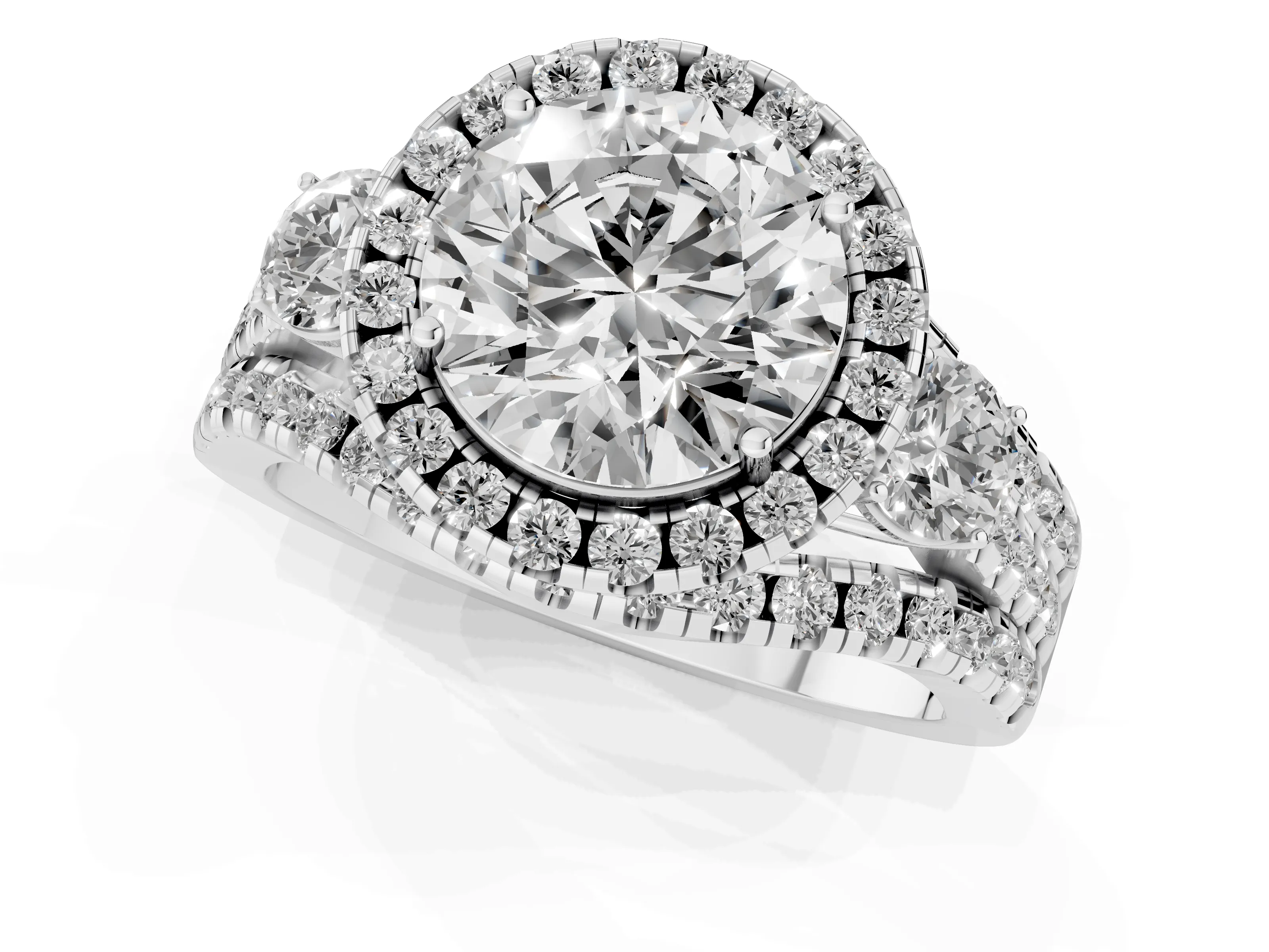 Round Cut Diamond Halo Split Shank Ring Set in Platinum with Round Accent Stones and Prong Setting