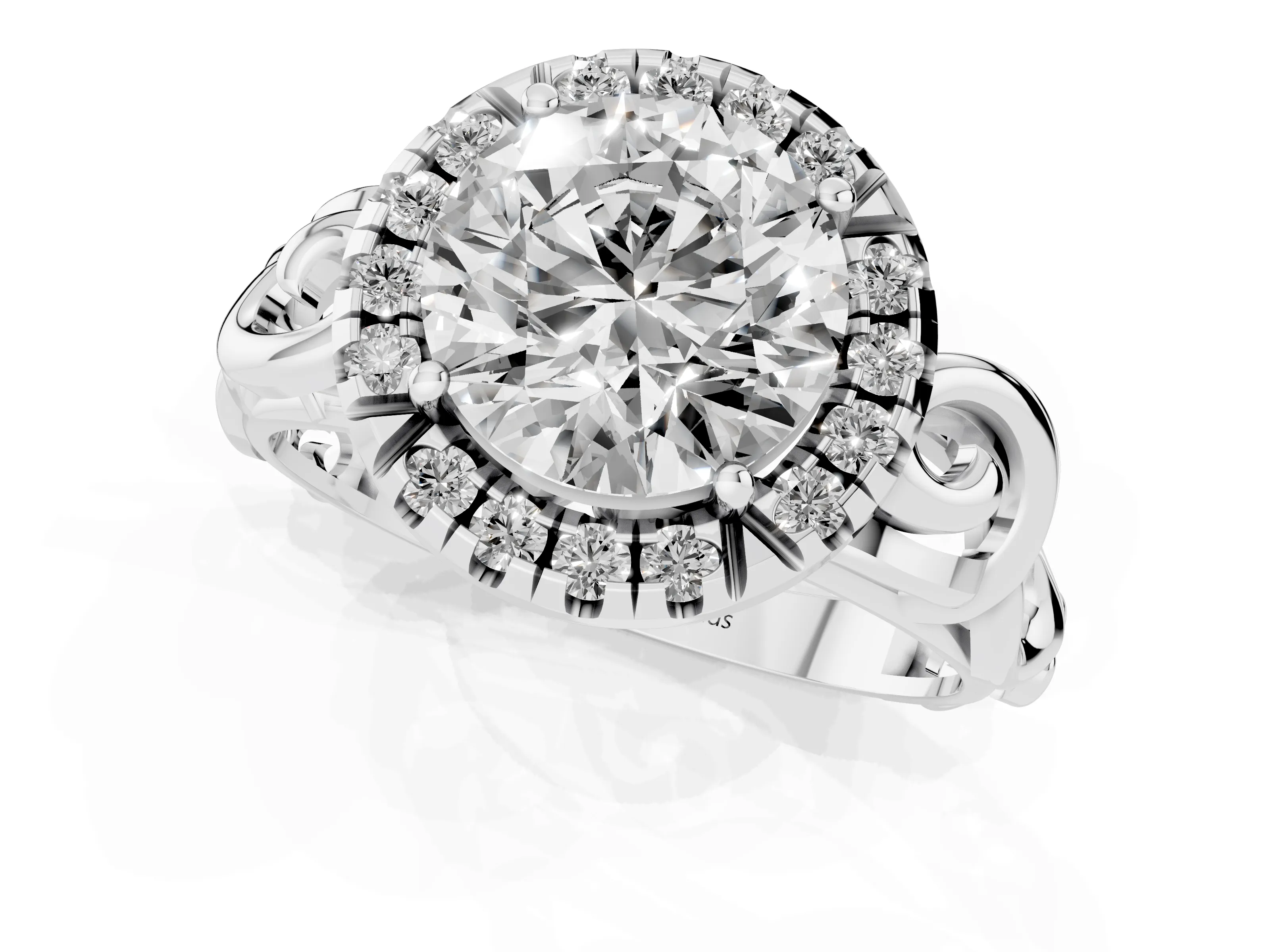 Round Cut Diamond Halo Ring Set in Platinum with Scrollwork Band and Prong Setting