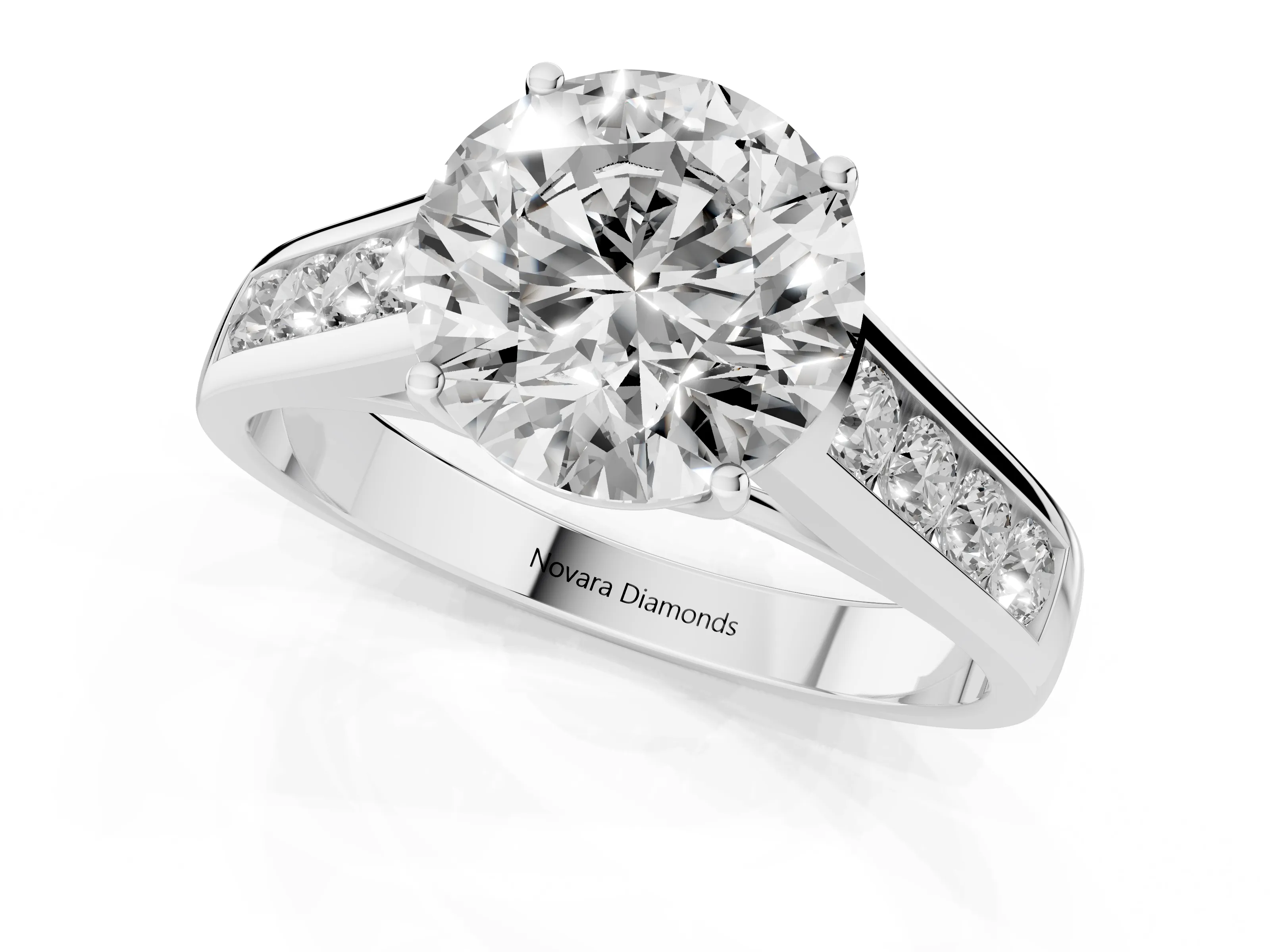 Round Cut Diamond Solitaire Channel-Set Engagement Ring Set in Silver with Prong Setting