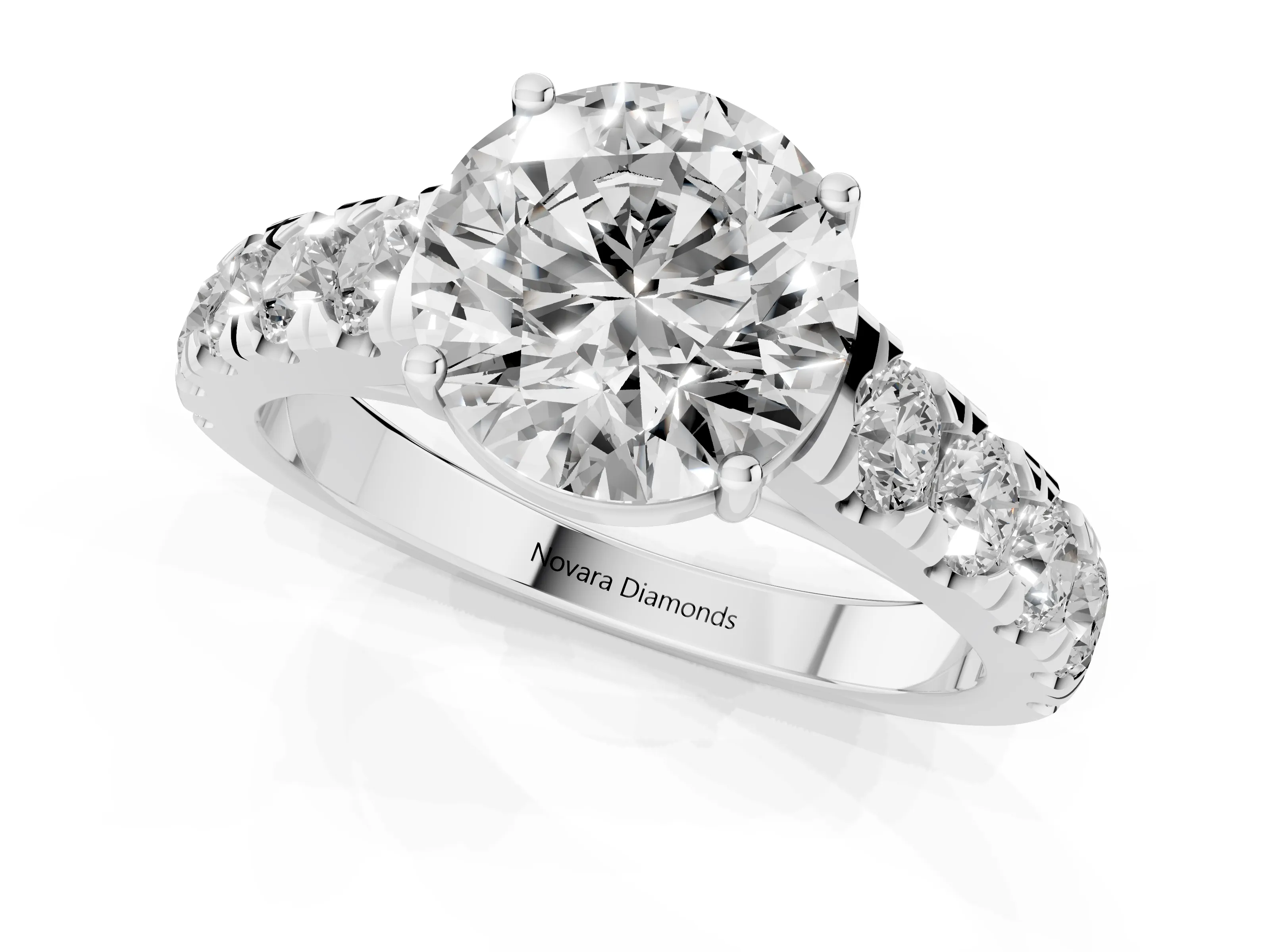 Round Cut Diamond Solitaire Ring Set in White gold with Cut-Down Micro Pavé Band and Prong Setting