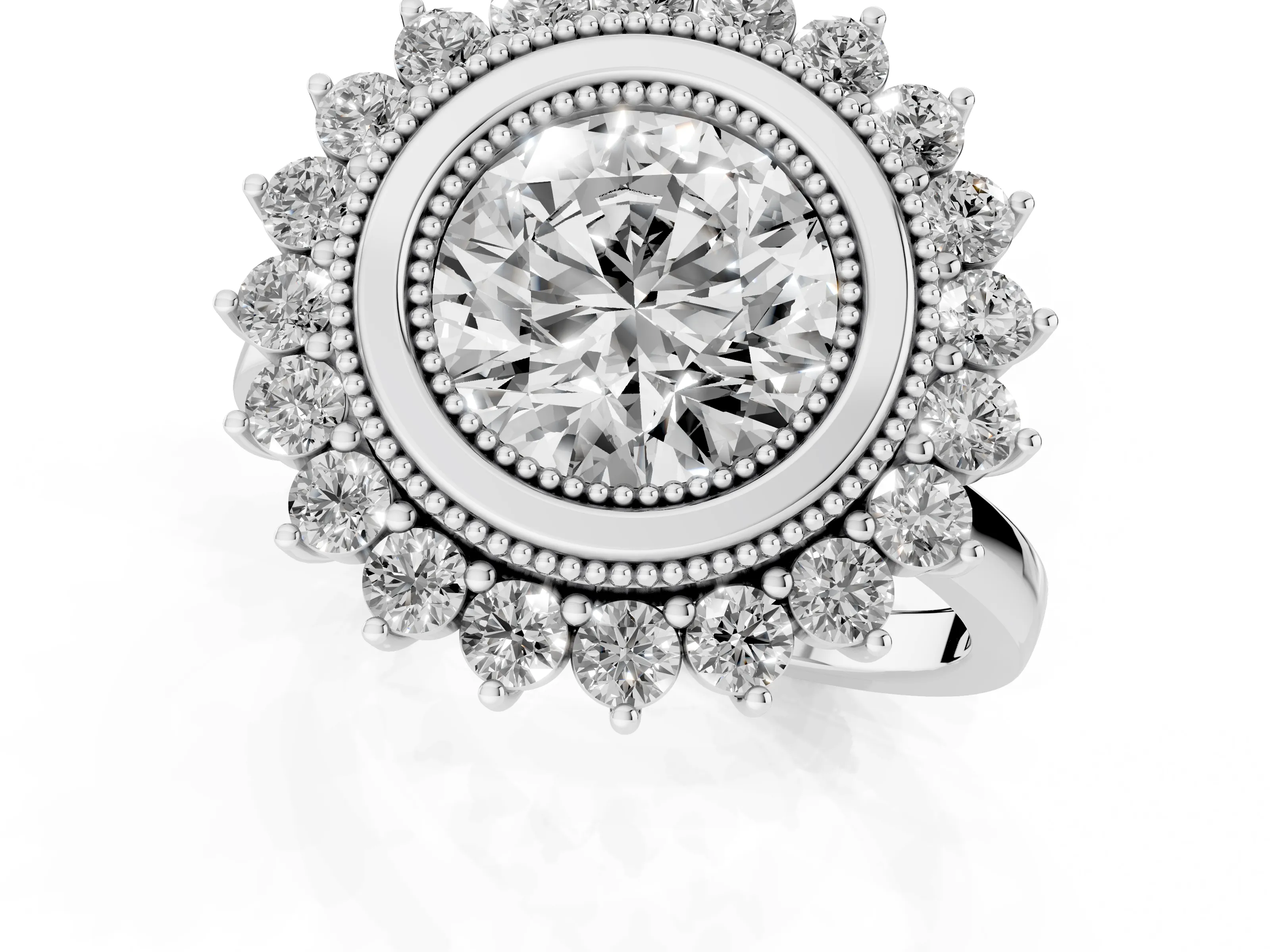 Round Cut Diamond Halo Ring Set in Silver with Milgrain Edge and Round Prong Setting