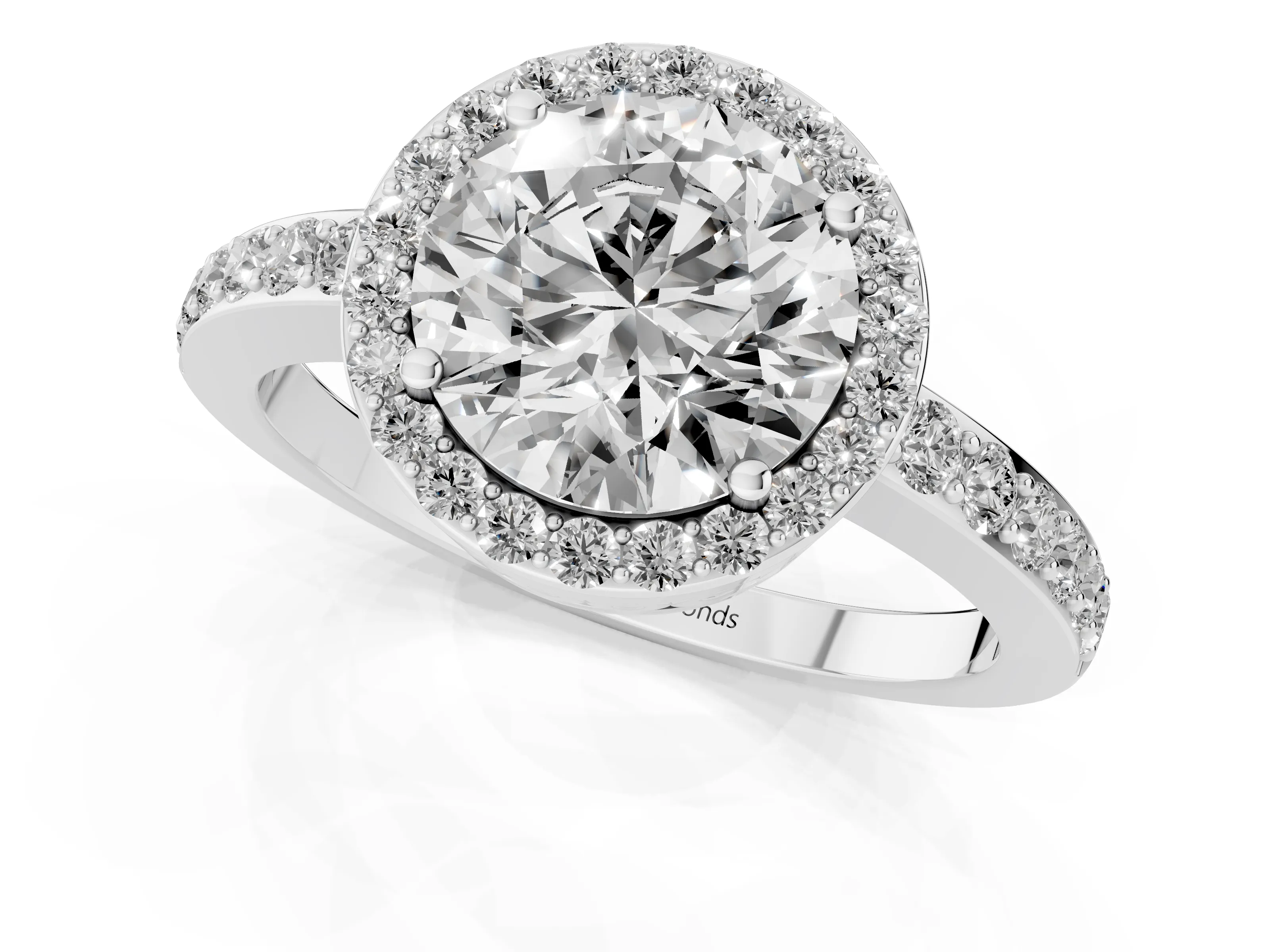 Round Cut Diamond Halo Ring Set in White gold with Pavé-Setting Band and Open Prong Center