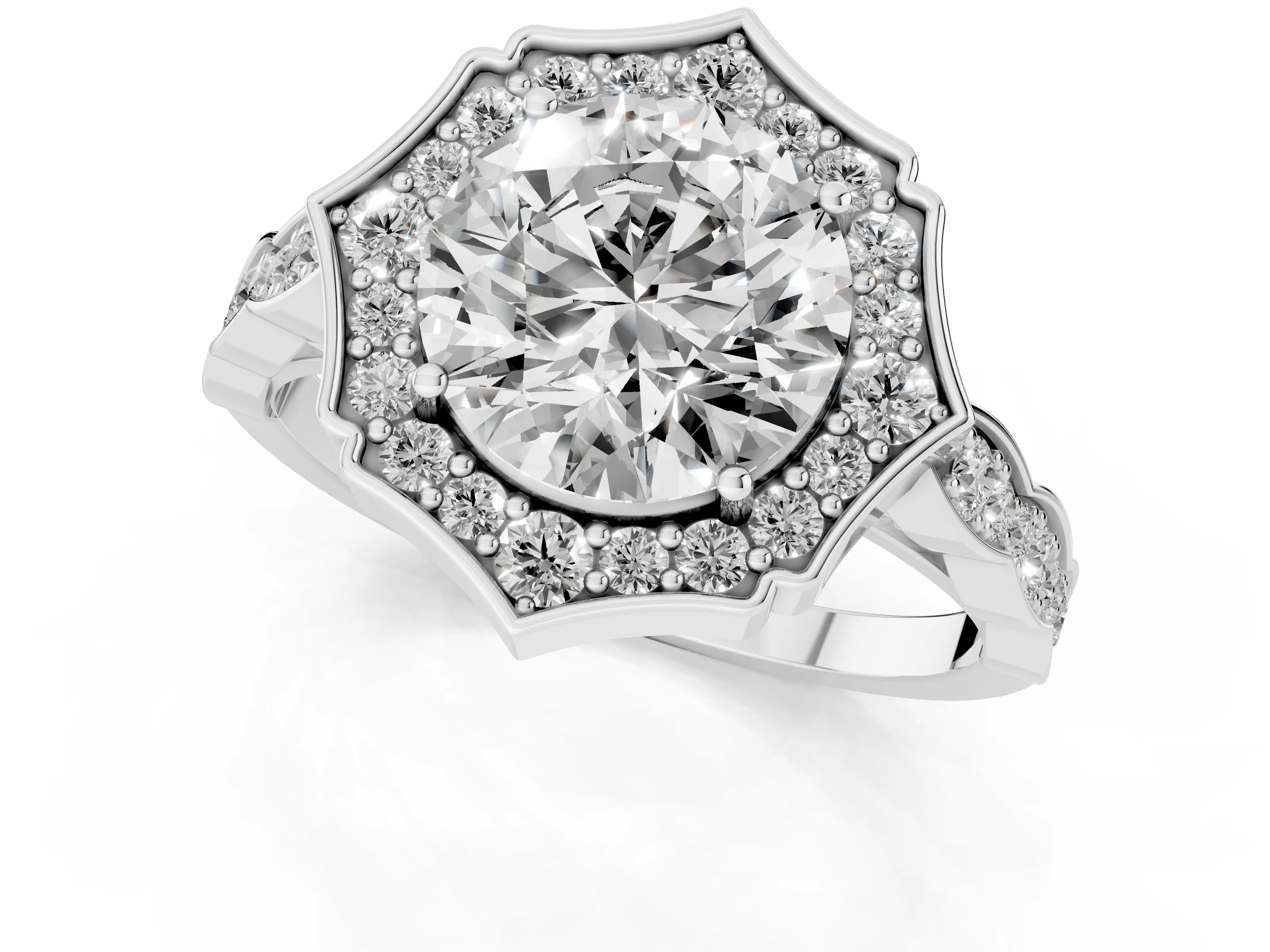 Round Cut Diamond Halo Engagement Ring Set in Platinum with Milgrain Band and Prong Setting – second view