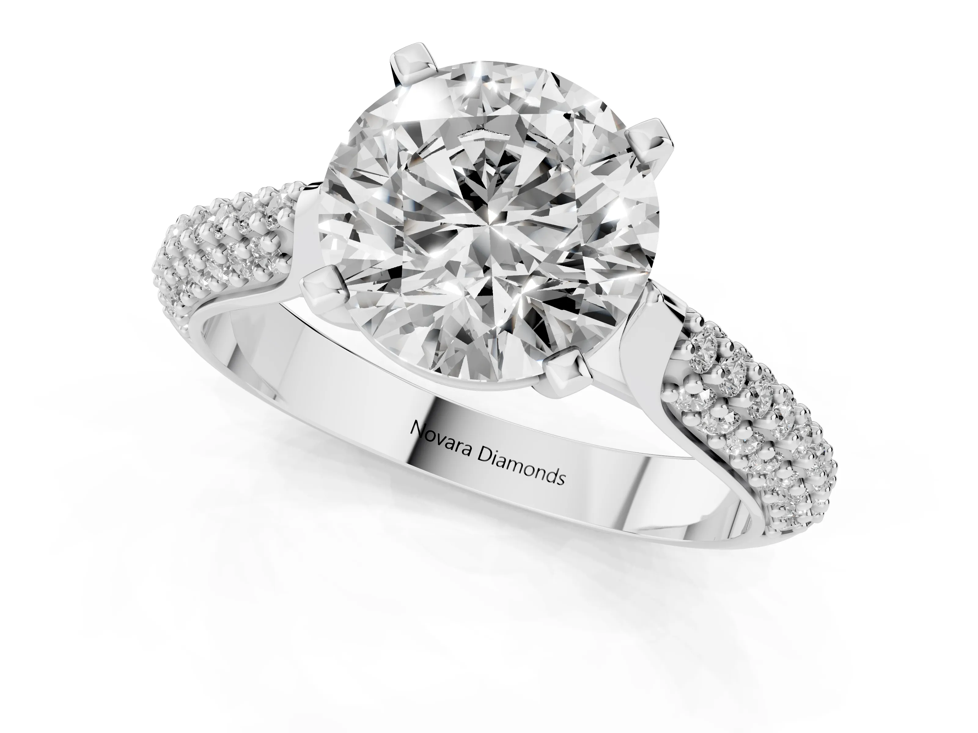 Round Cut Diamond Solitaire Engagement Ring Set in Platinum with Multi-Row Round Pavé Band and Prong Setting