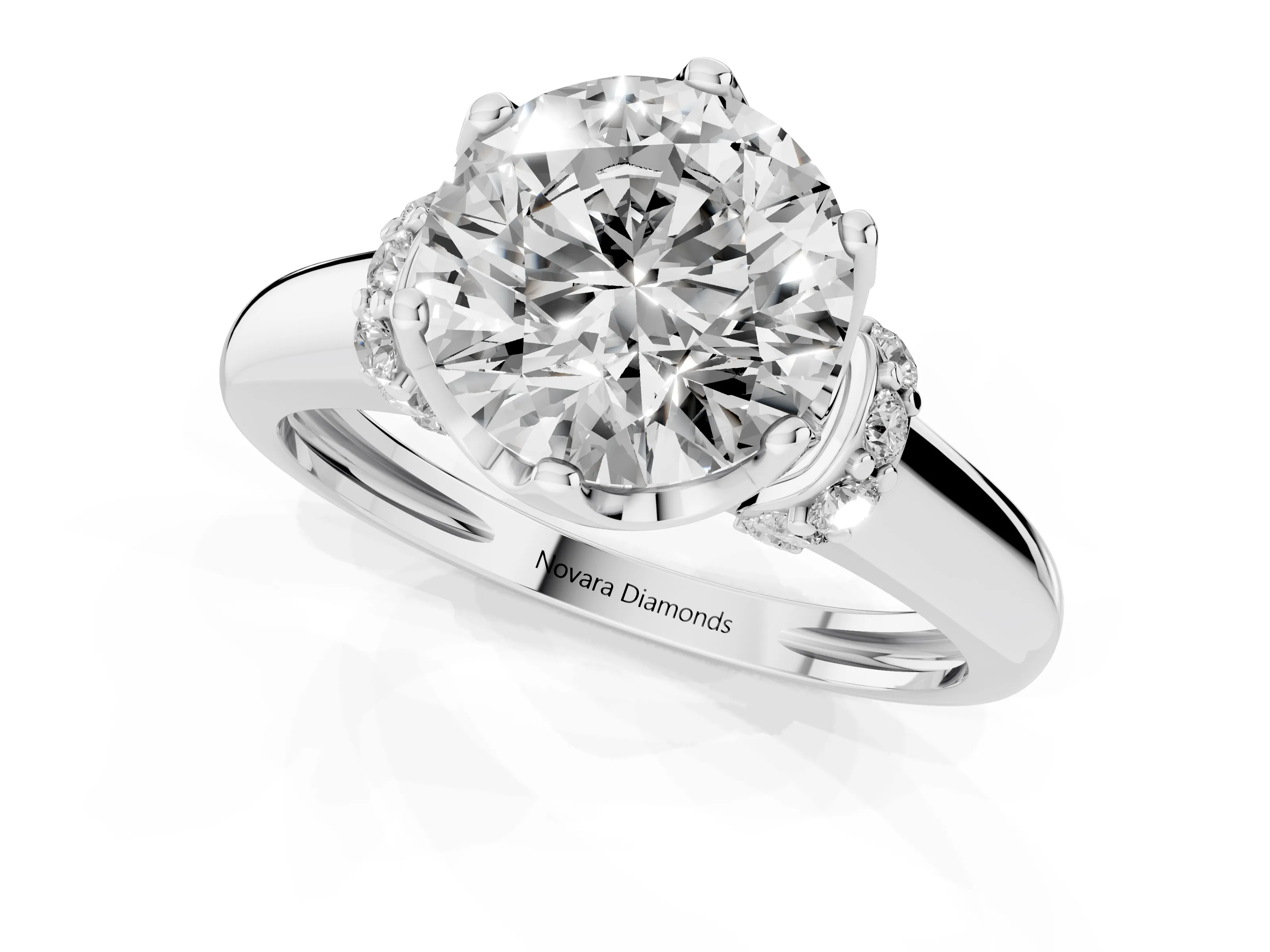 Round Cut Diamond Cathedral Solitaire Engagement Ring Set in Platinum with Pavé Accents – second view