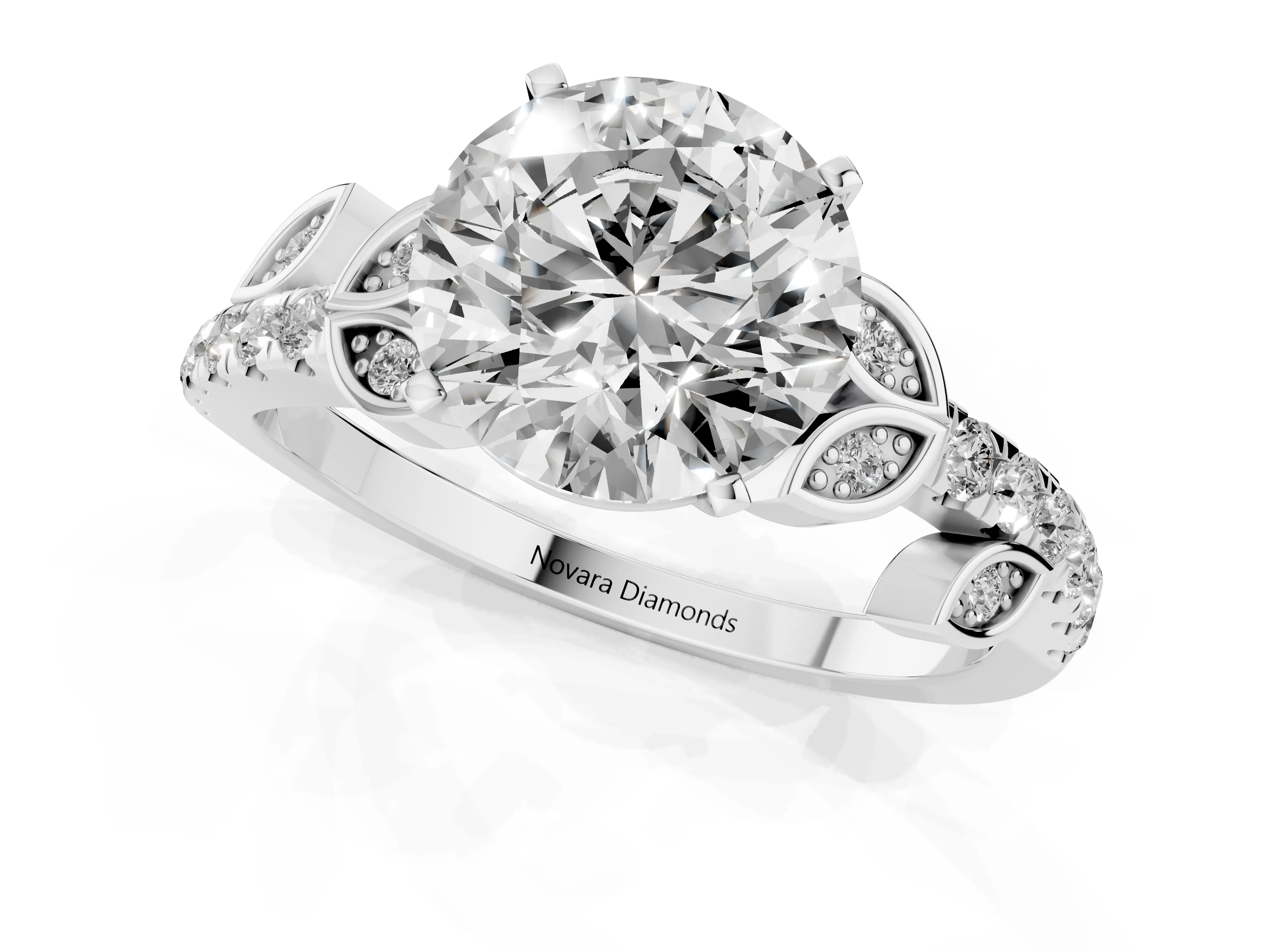 Round Cut Diamond Solitaire Leaf-Inspired Ring Set in Platinum with Pavé Band and Prong Setting