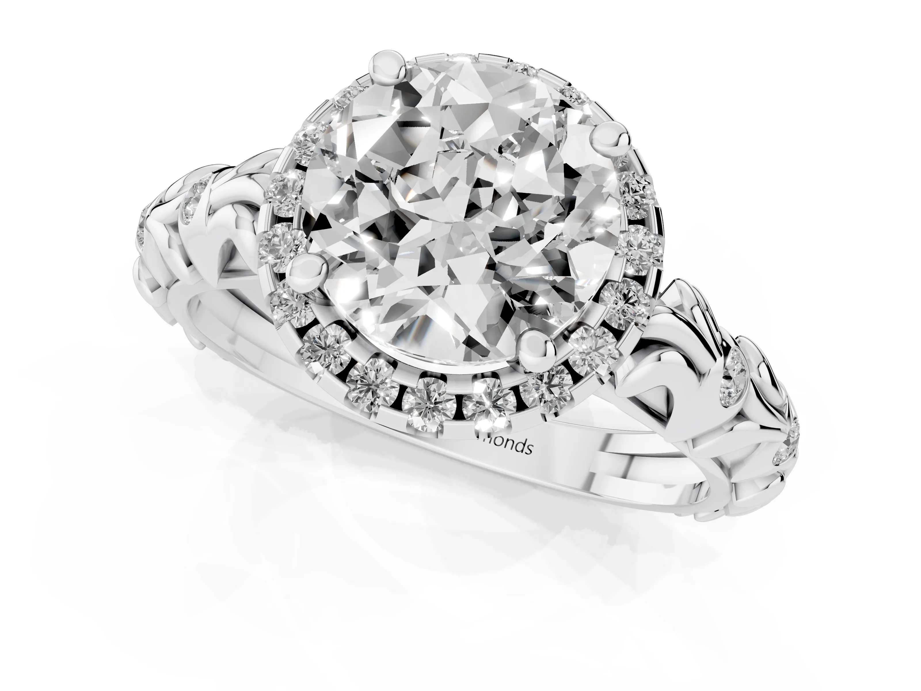 Round Cut Diamond Halo Ring Set in Platinum with Filigree Leaf Band and Prong Setting