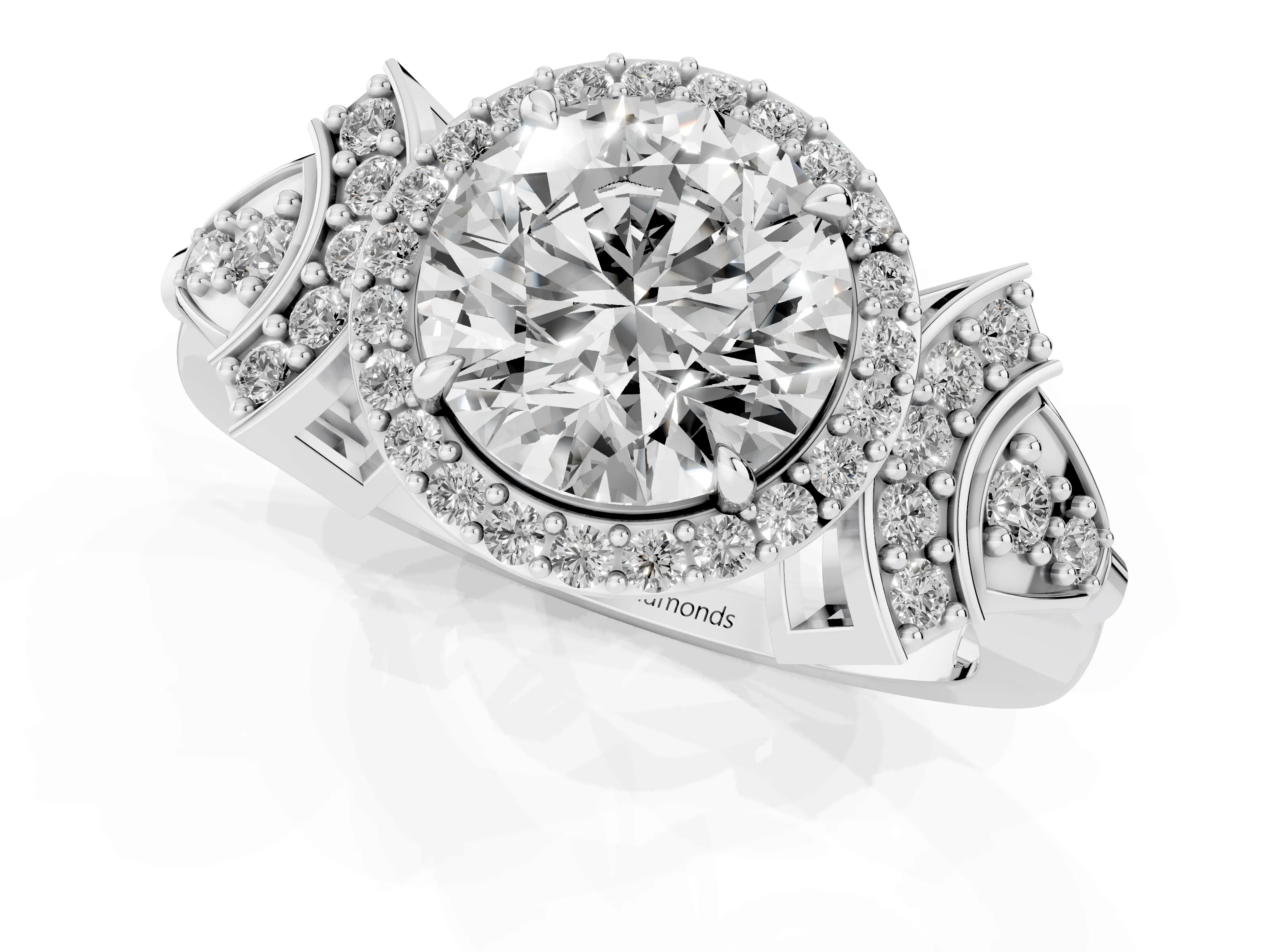 Round Cut Diamond Halo Engagement Ring Set in Silver with Accent Stone Split Shank