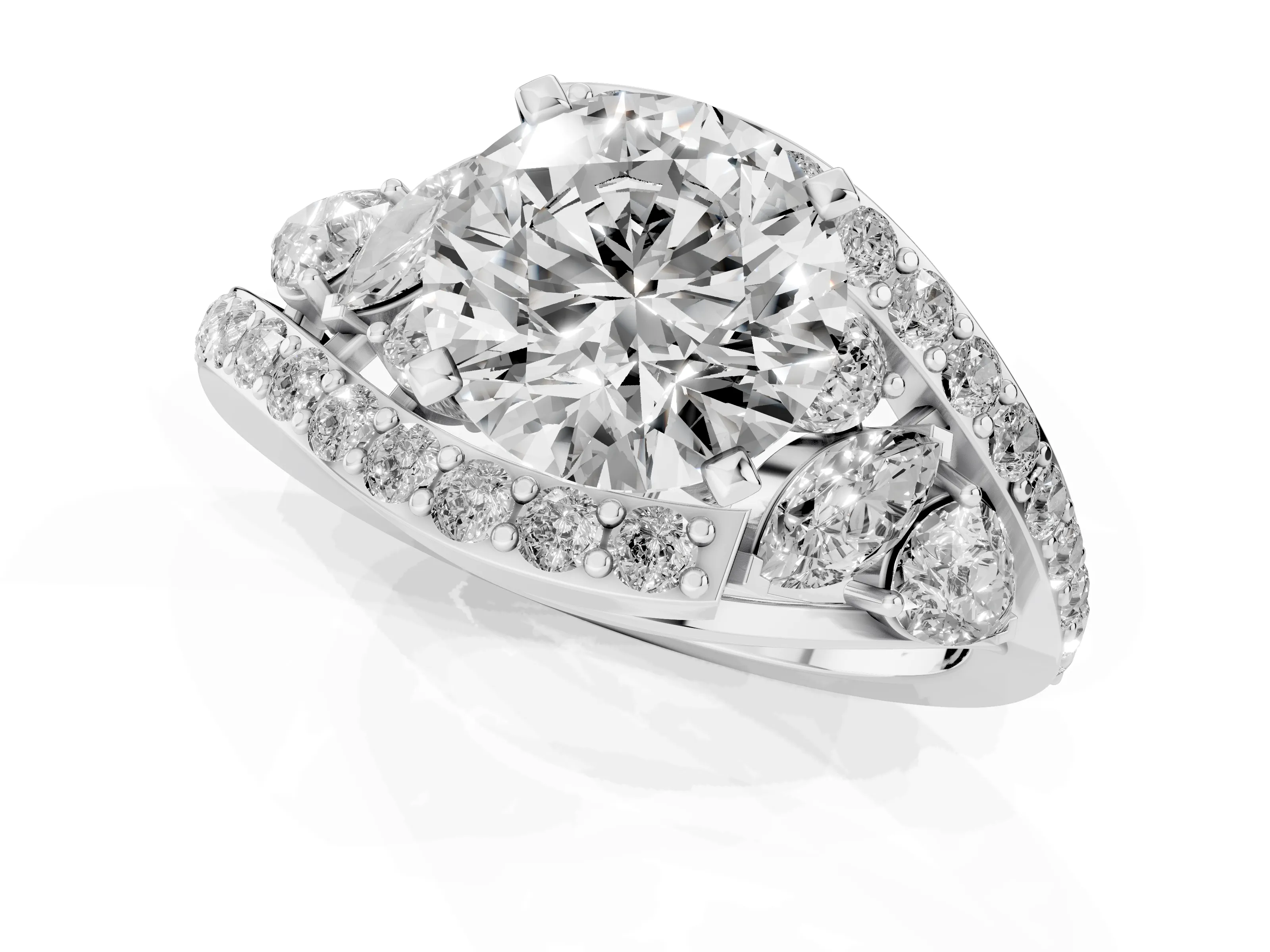 Round Cut Diamond Halo Ring Set in Platinum with Marquise and Pavé Band in Prong Setting