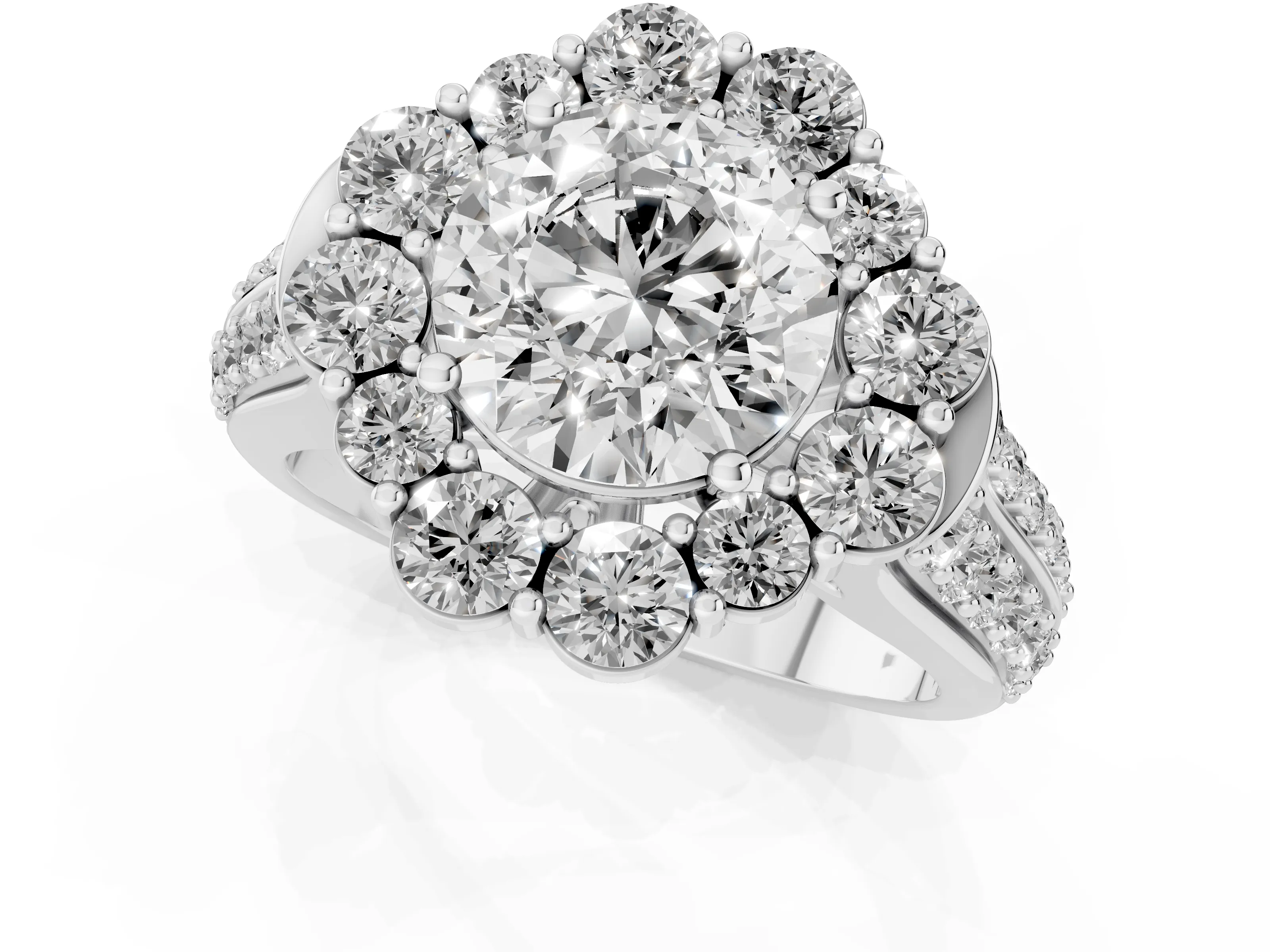 Round Cut Diamond Halo Engagement Ring Set in White gold with Split Shank and Prong Setting