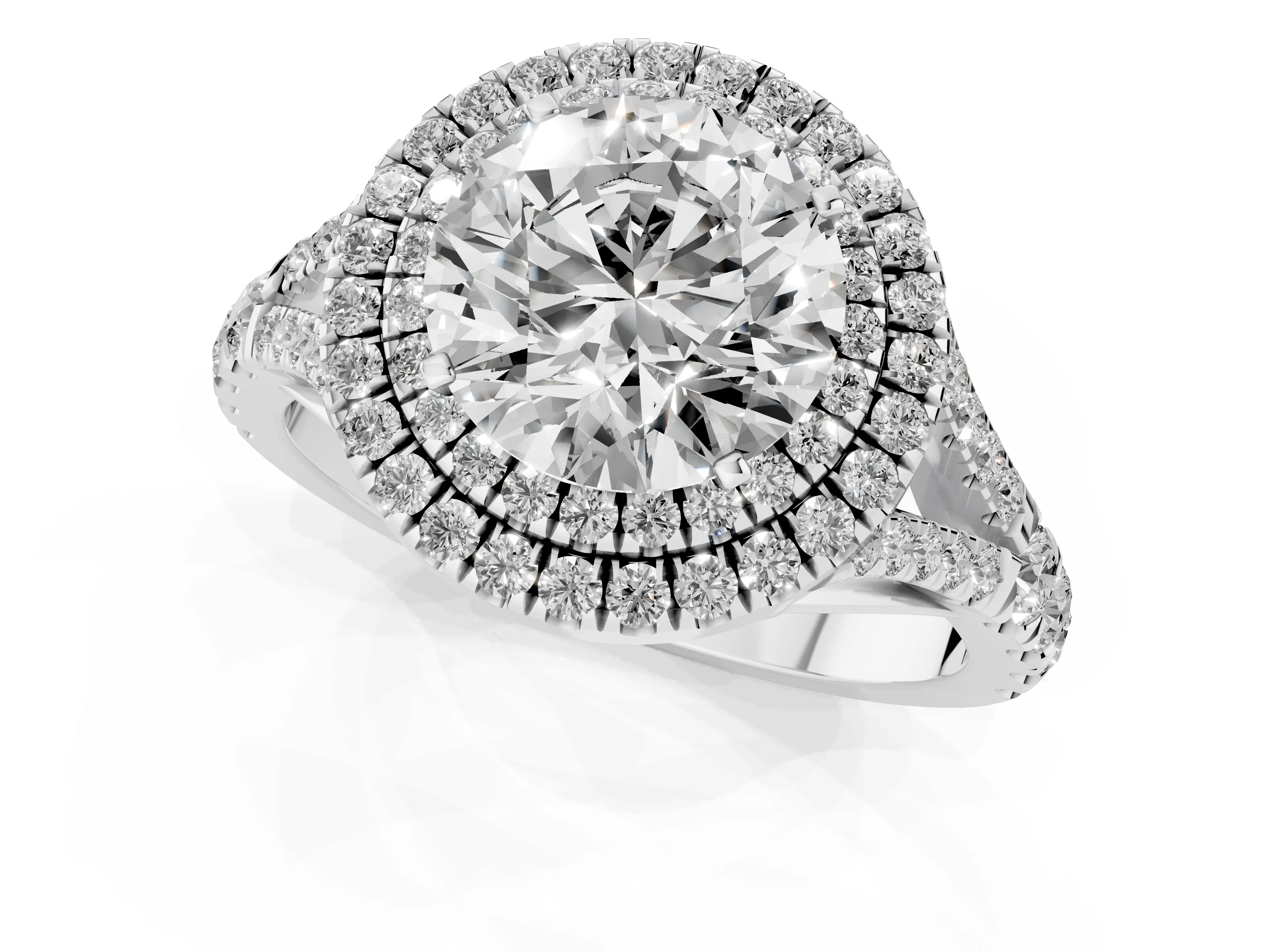 Round Cut Diamond Pavé Split Shank Double Halo Engagement Ring Set in Platinum