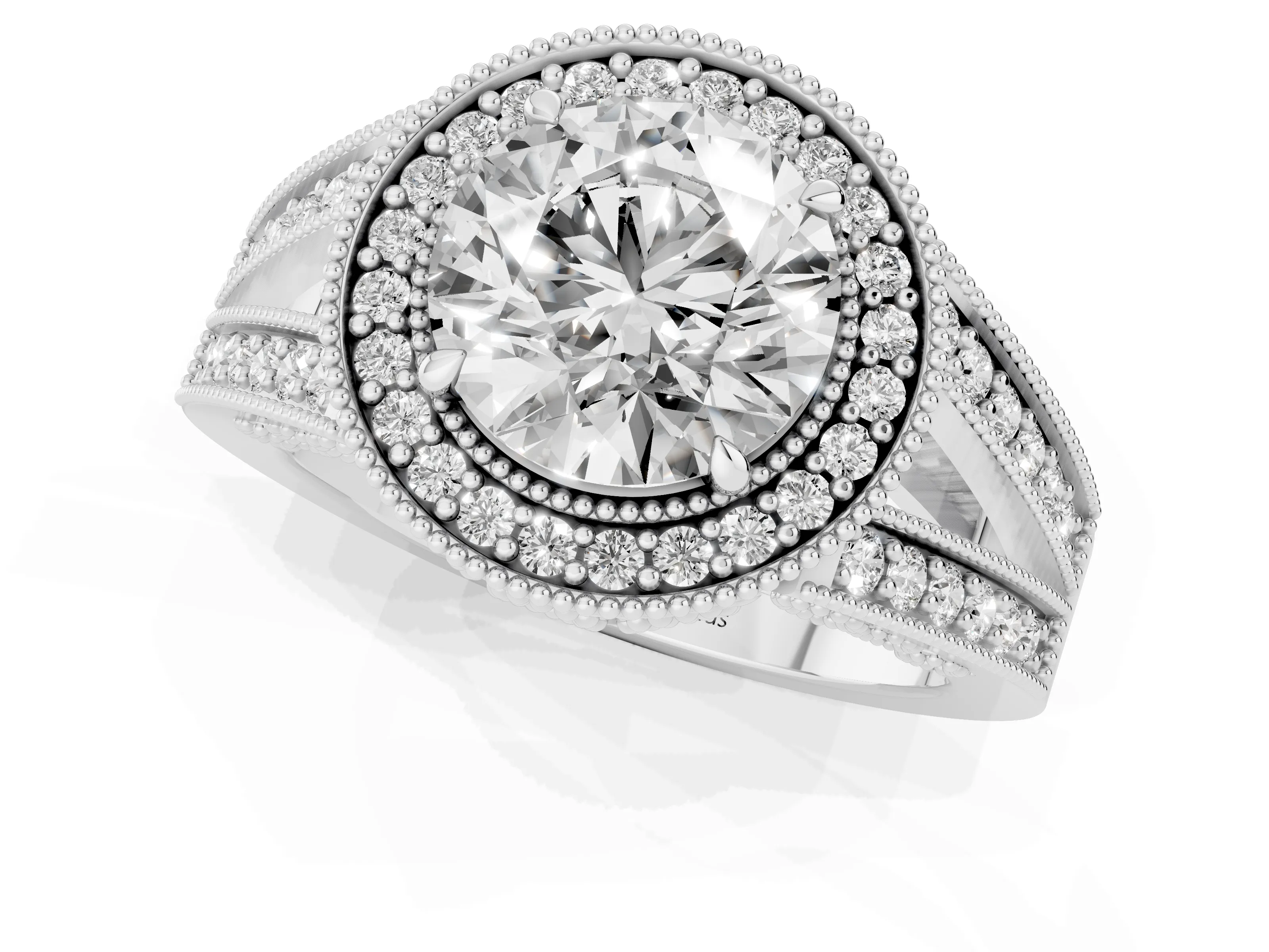 Round Cut Diamond Halo Ring Set in Silver with Stone-Set Split Shank and Milgrain Edges