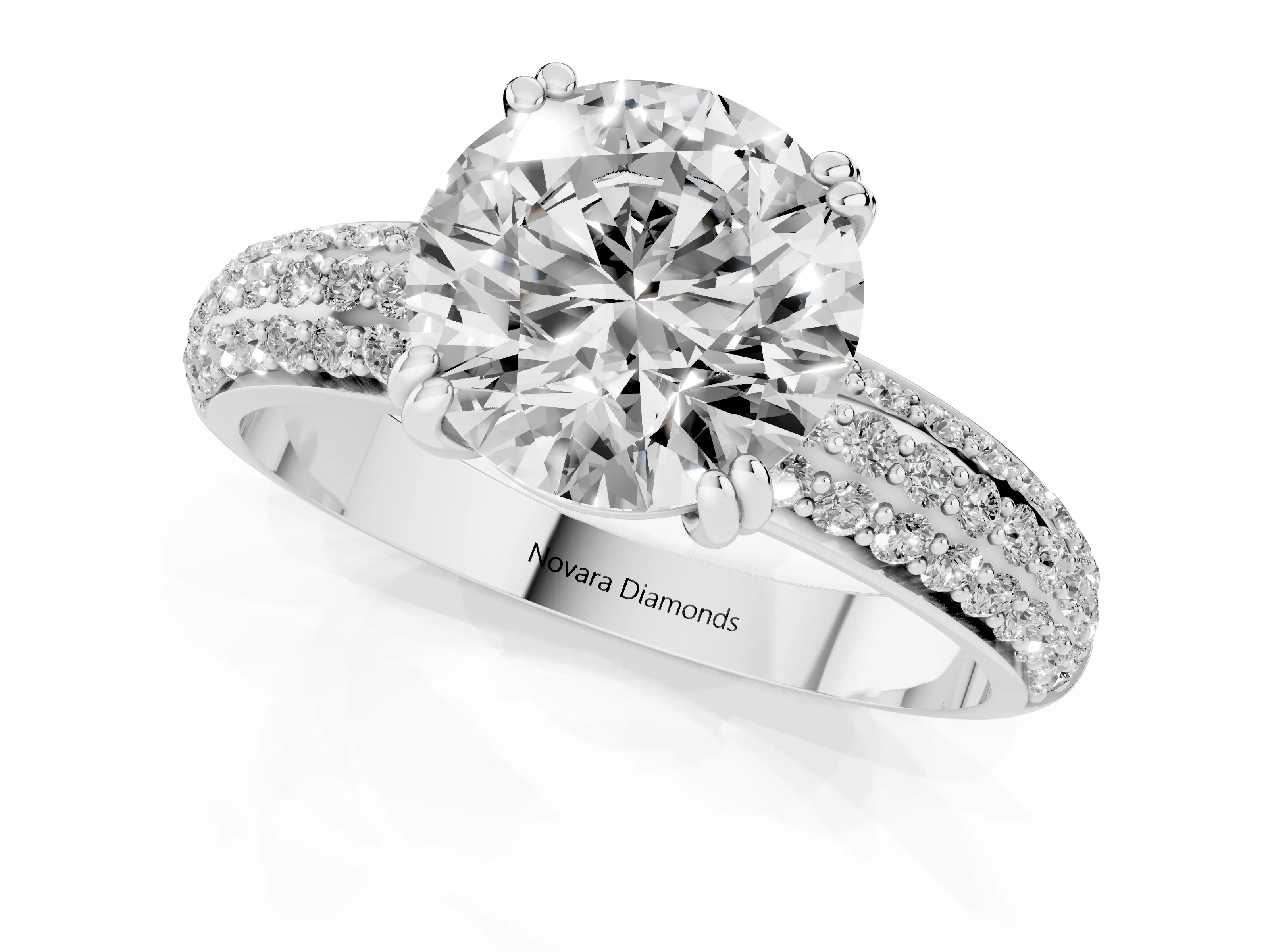Round Cut Diamond Solitaire Ring Set in Platinum with Multi-Row Round Pavé Band and Prong Setting
