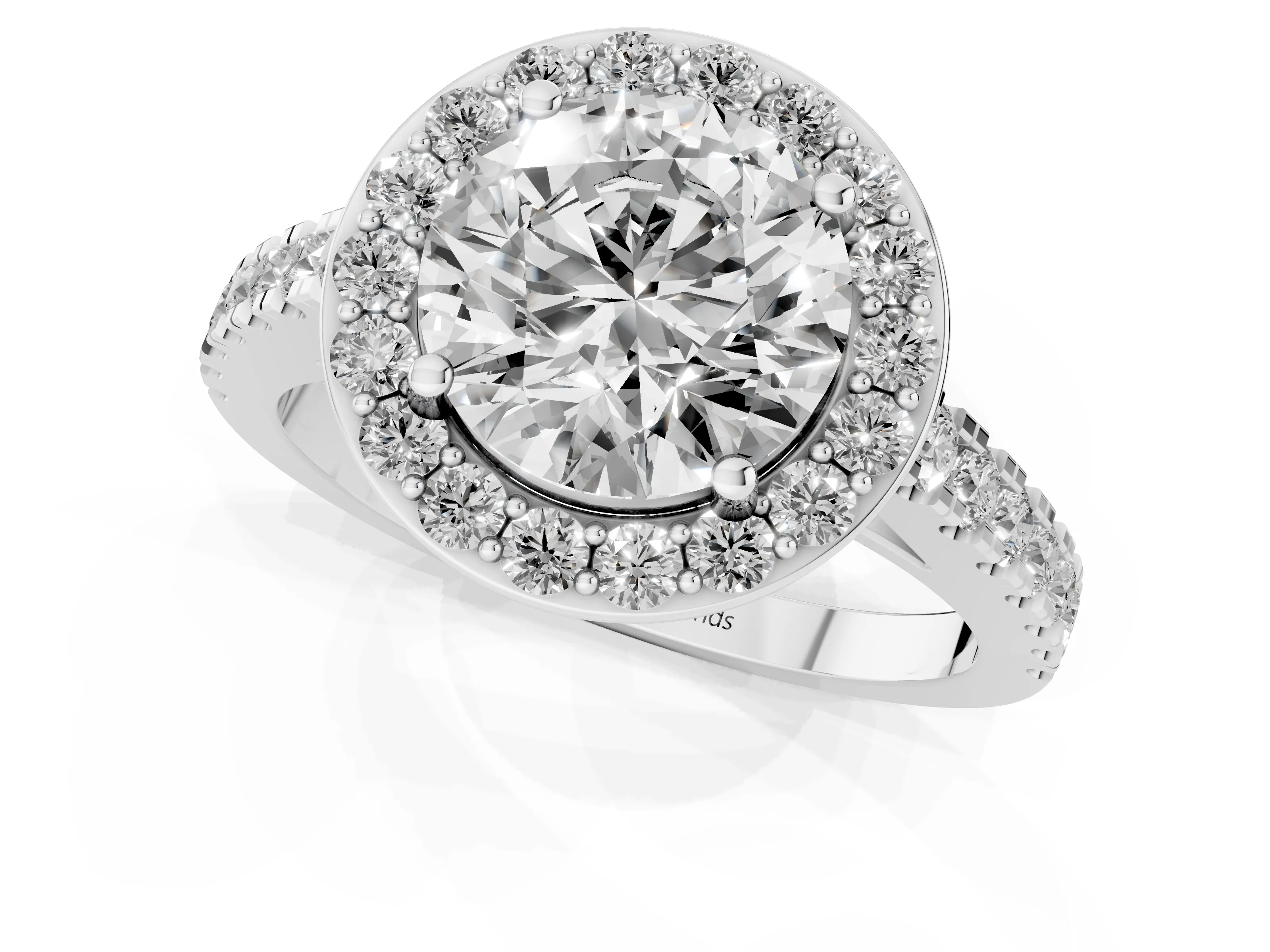 Round Cut Diamond Halo Ring Set in Silver with Round Pavé Split Shank and Prong Setting