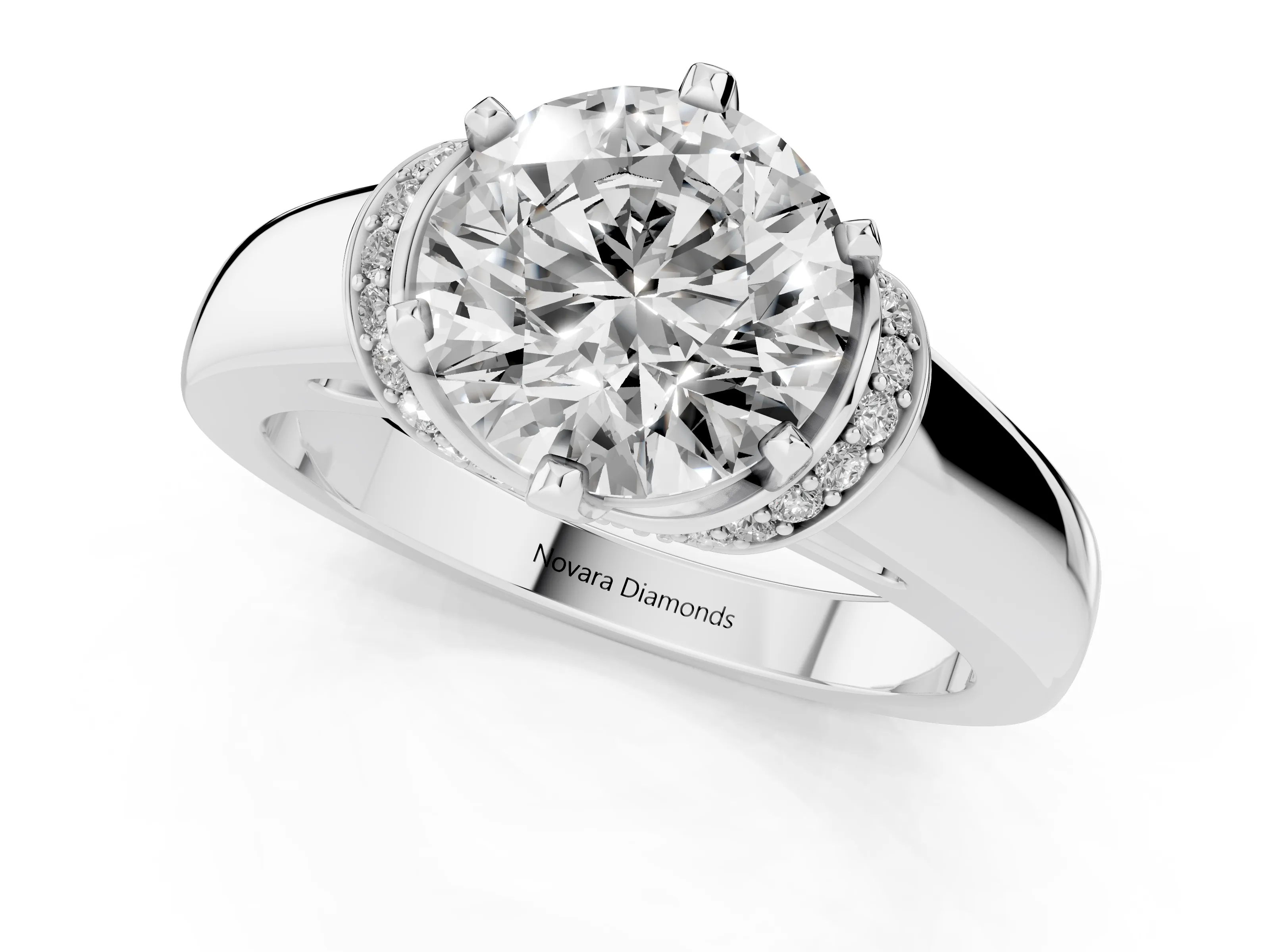 Round Cut Diamond Pavé Band Solitaire Ring Set in White gold with Prong Setting – second view