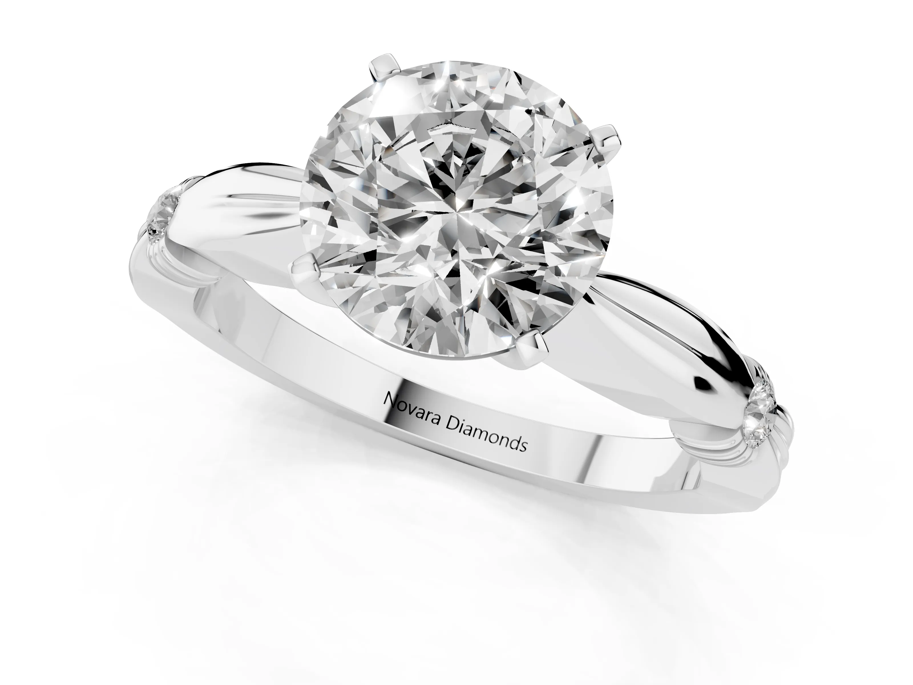 Round Cut Diamond Solitaire Twisted Band Ring Set in White gold with Accent Stones and Prong Setting
