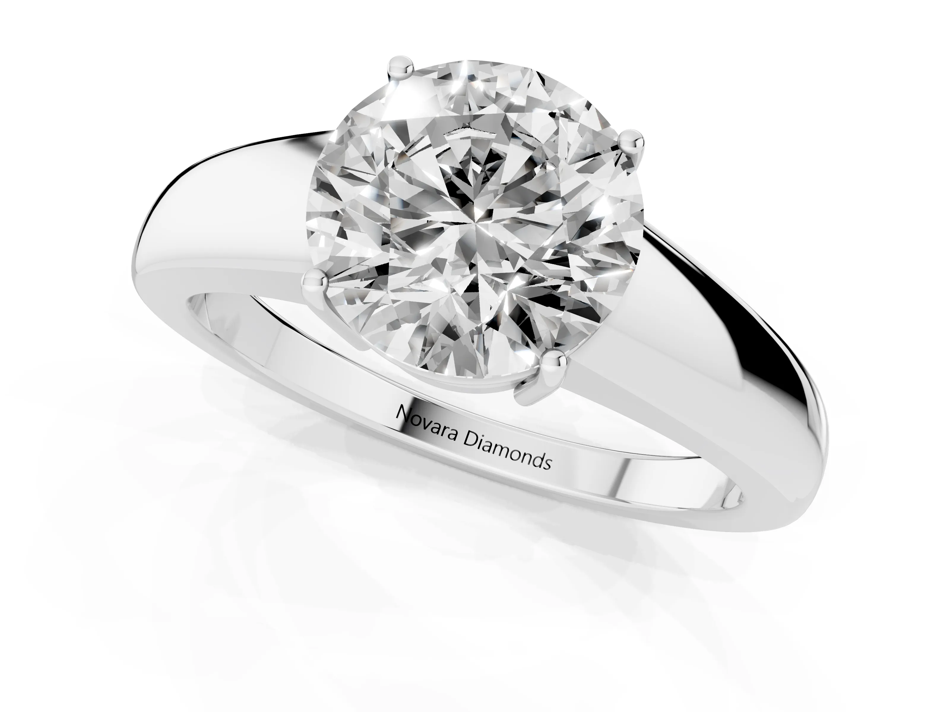 Round Cut Diamond Solitaire Ring Set in Silver with Tapered Band and Prong Setting