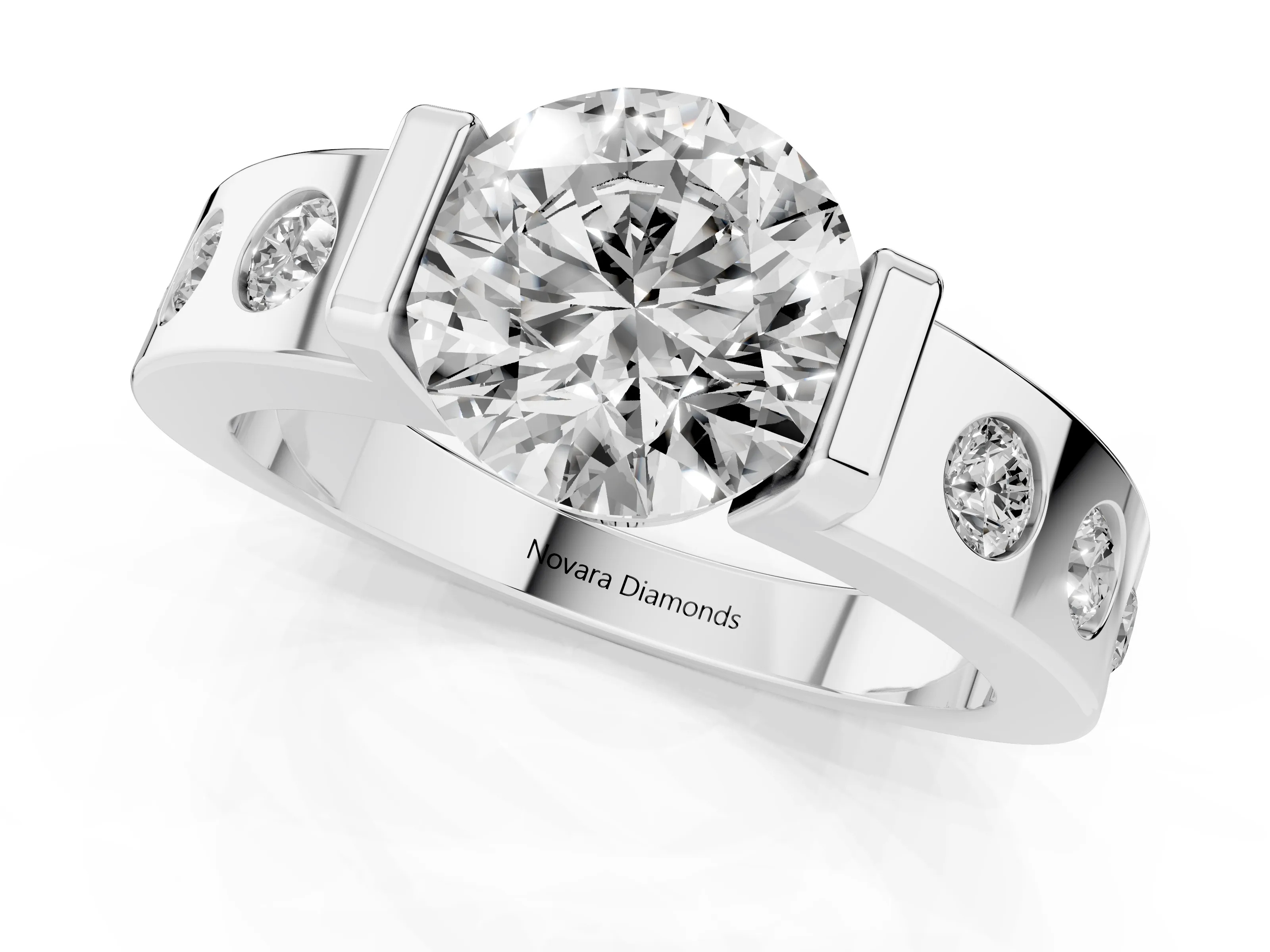 Round Cut Diamond Channel-Set Band Ring Set in Silver with Bezel Prong Setting