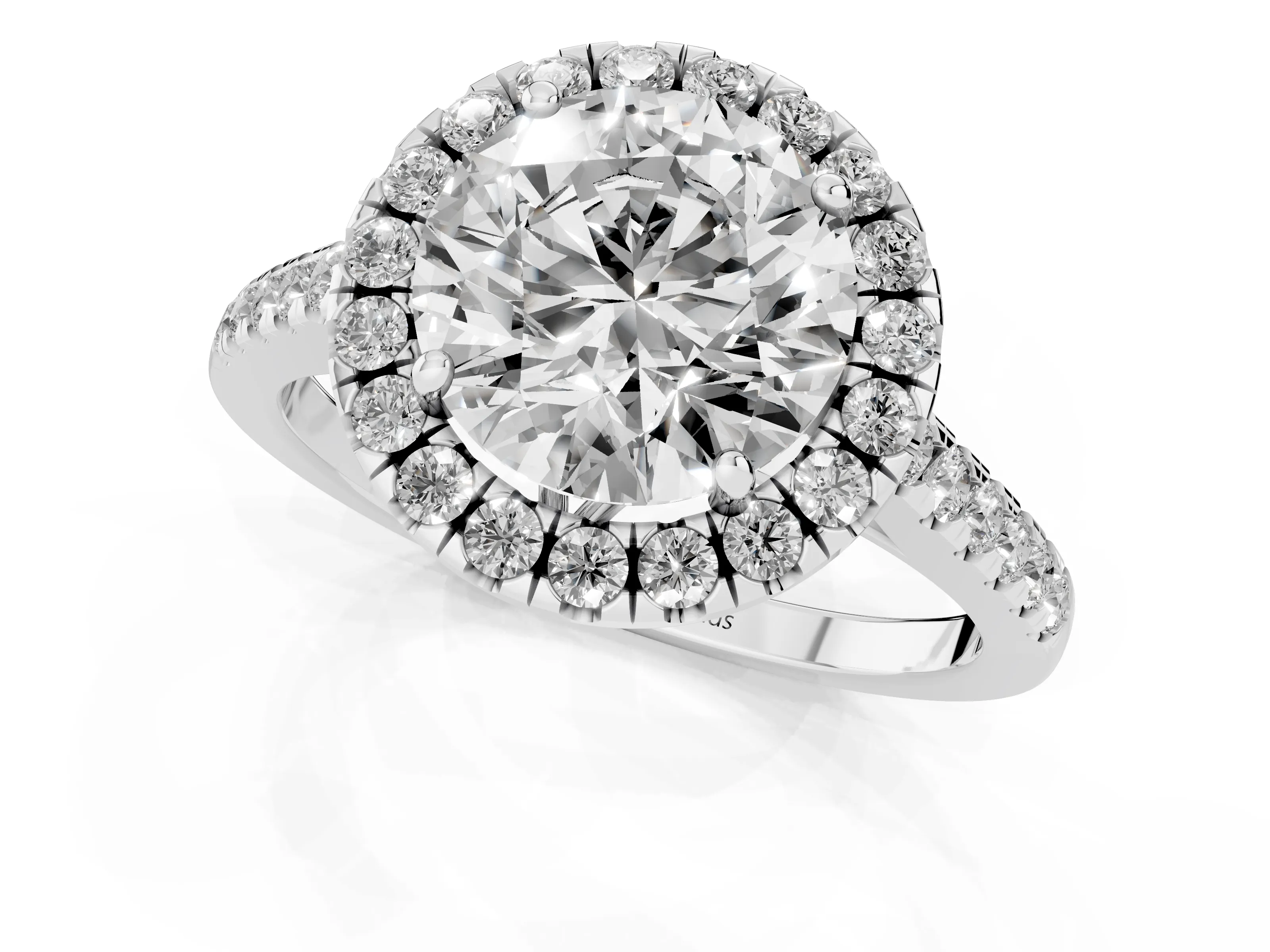 Round Cut Diamond Pavé Halo Engagement Ring Set in White gold with Pavé Band and Prong Setting