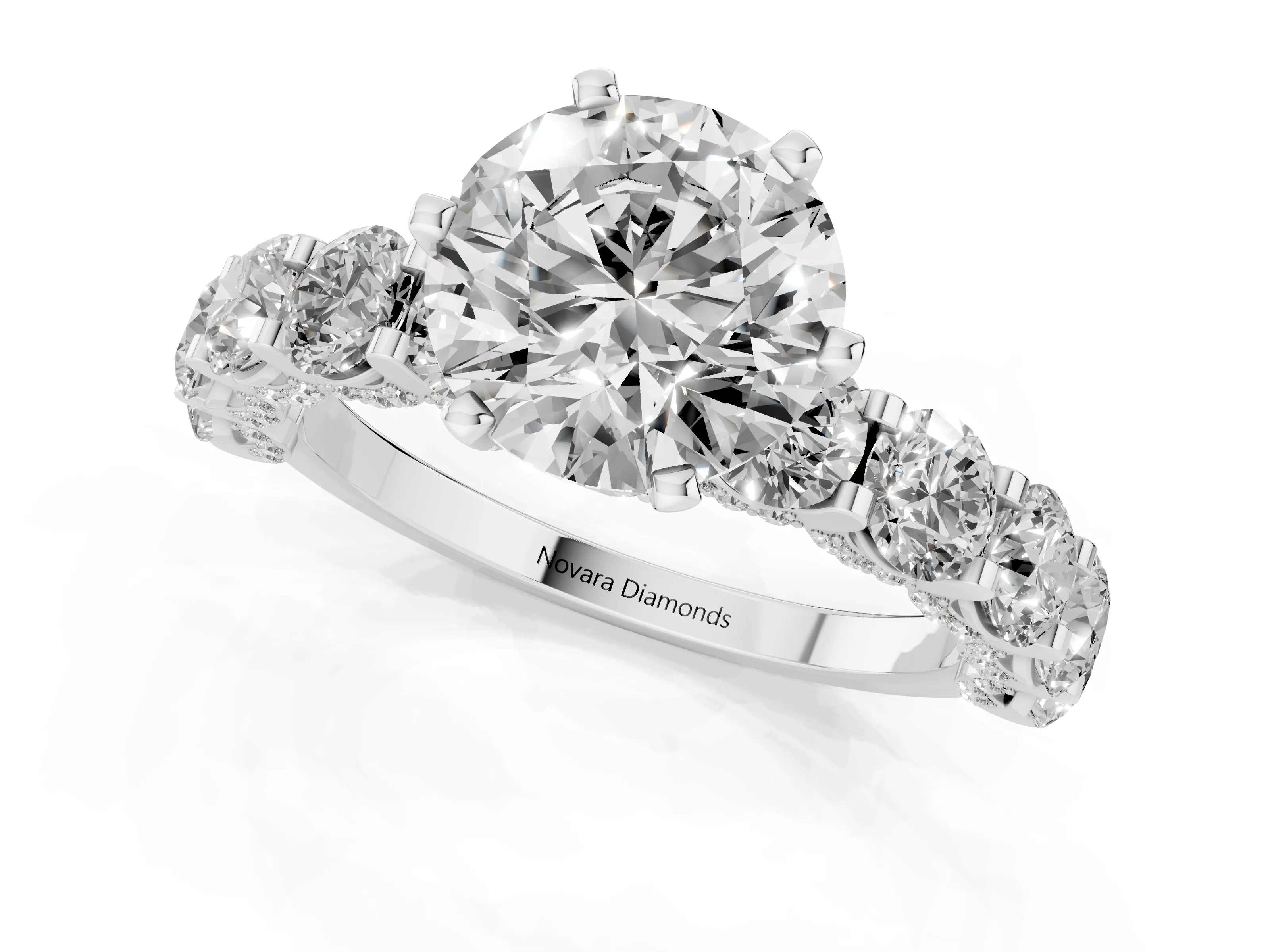 Round Cut Diamond Side Stone Ring Set in Silver with Alternating Round and Oval Side Stones