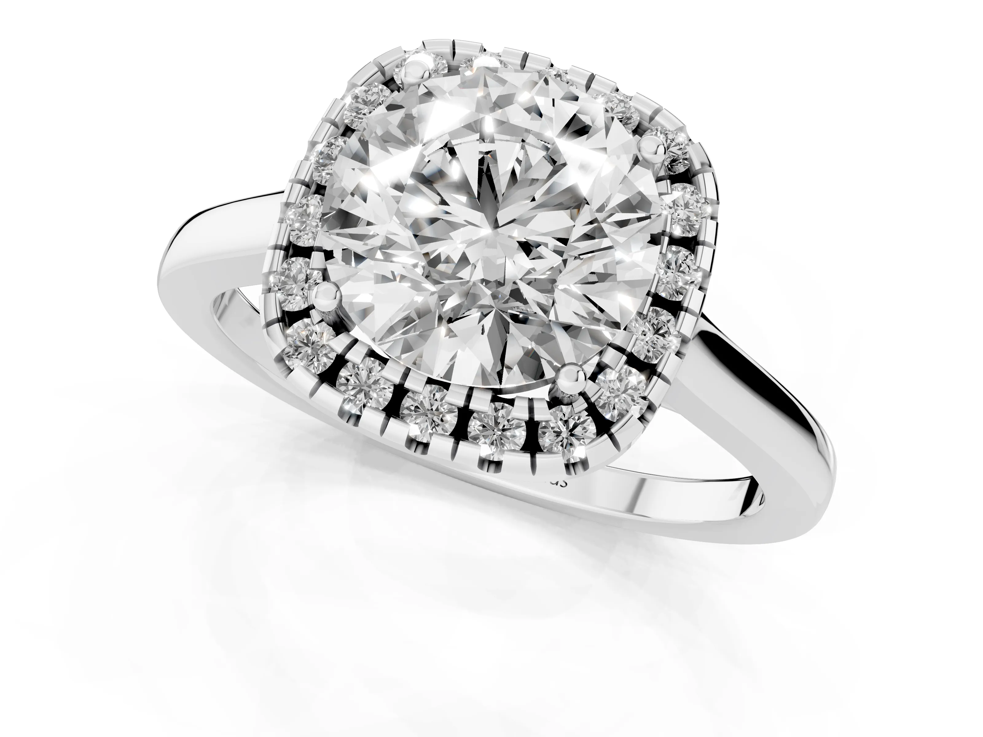 Round Cut Halo Round Diamond Solitaire Ring Set in White gold with Pavé Band and Prong Setting