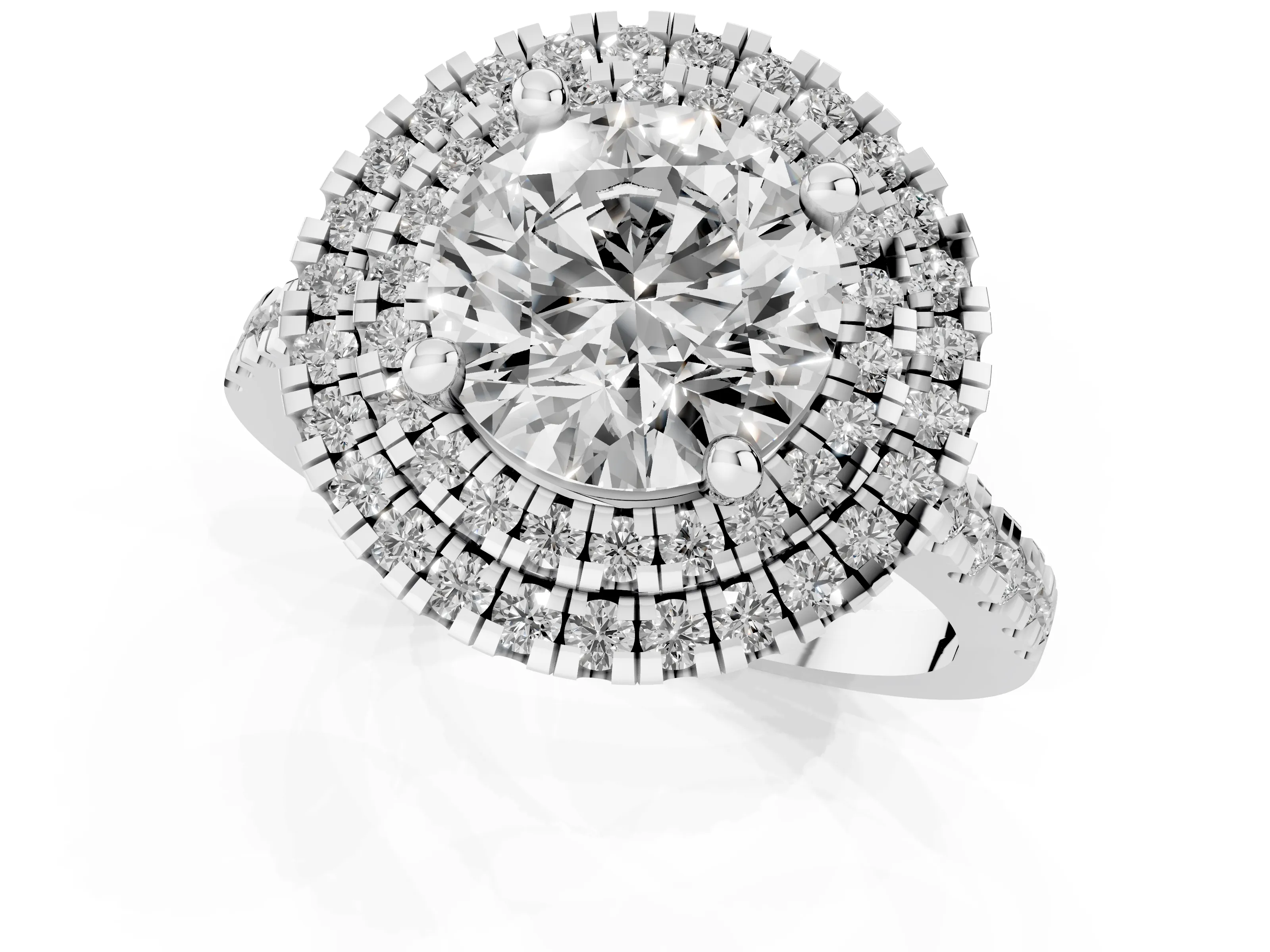 Round Cut Diamond Double Halo Statement Ring Set in Silver with Pavé Band