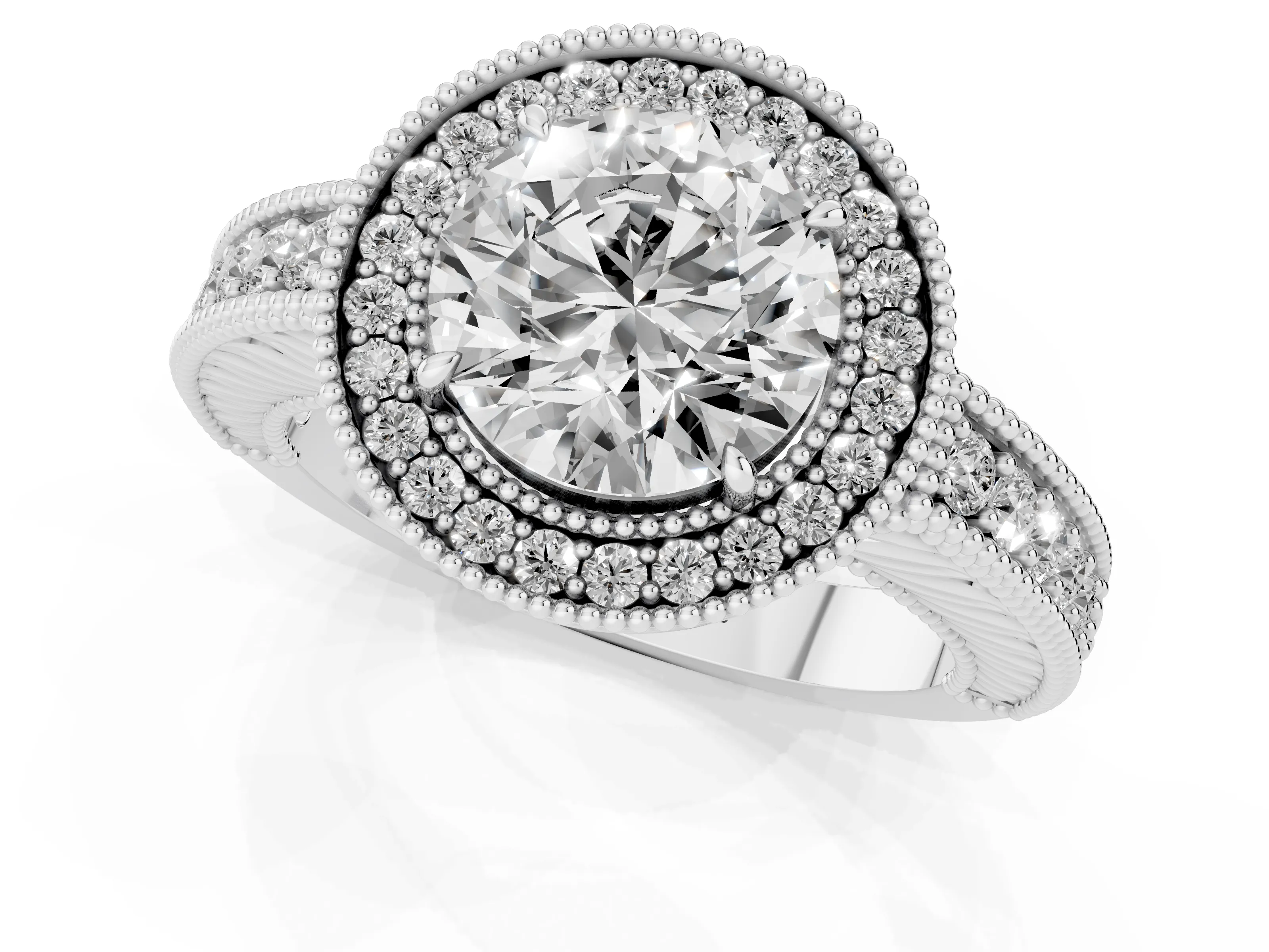 Round Cut Diamond Halo Ring Set in White gold with Round Accent Halo, Pavé Band and Prong Setting