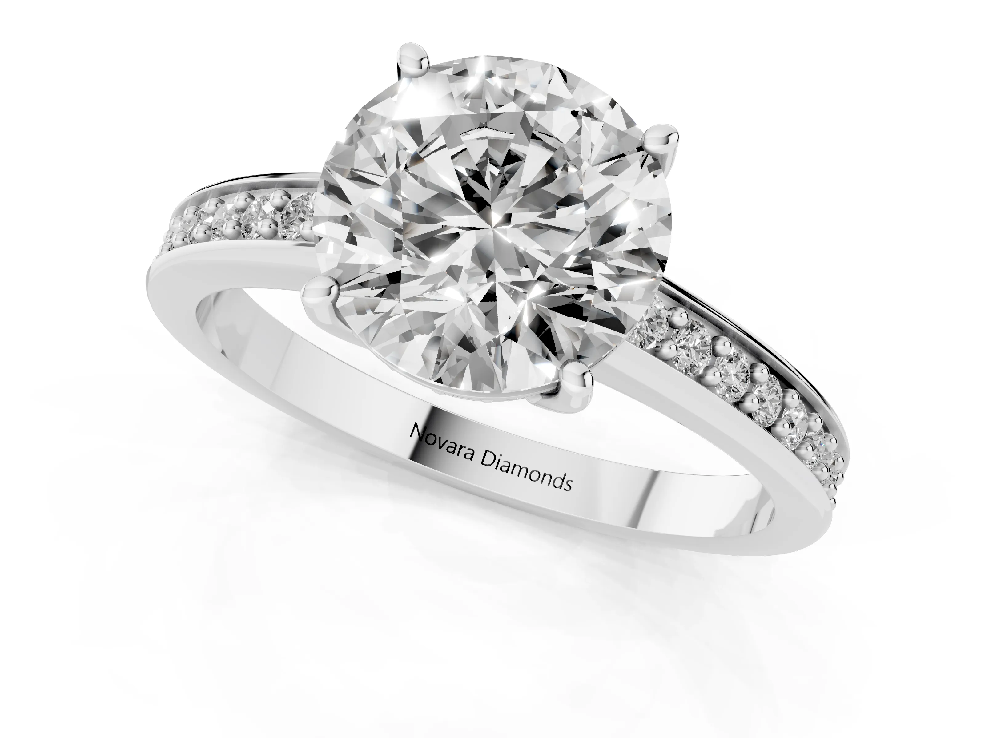 Round Cut Diamond Pavé Band Prong Set Solitaire Ring Set in White gold