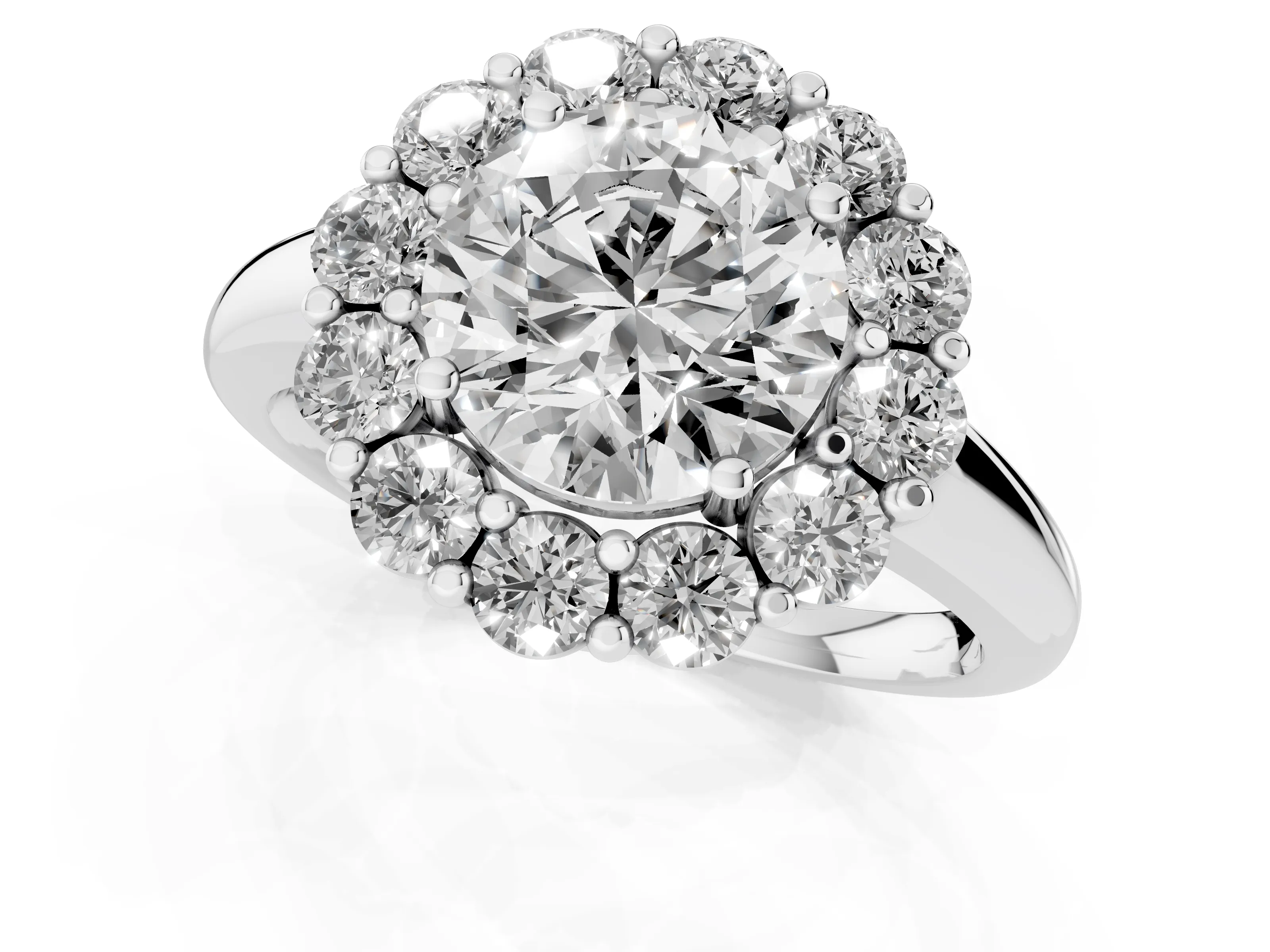 Round Cut Diamond Halo Cluster Engagement Ring Set in Platinum with Polished Band and Prong Setting