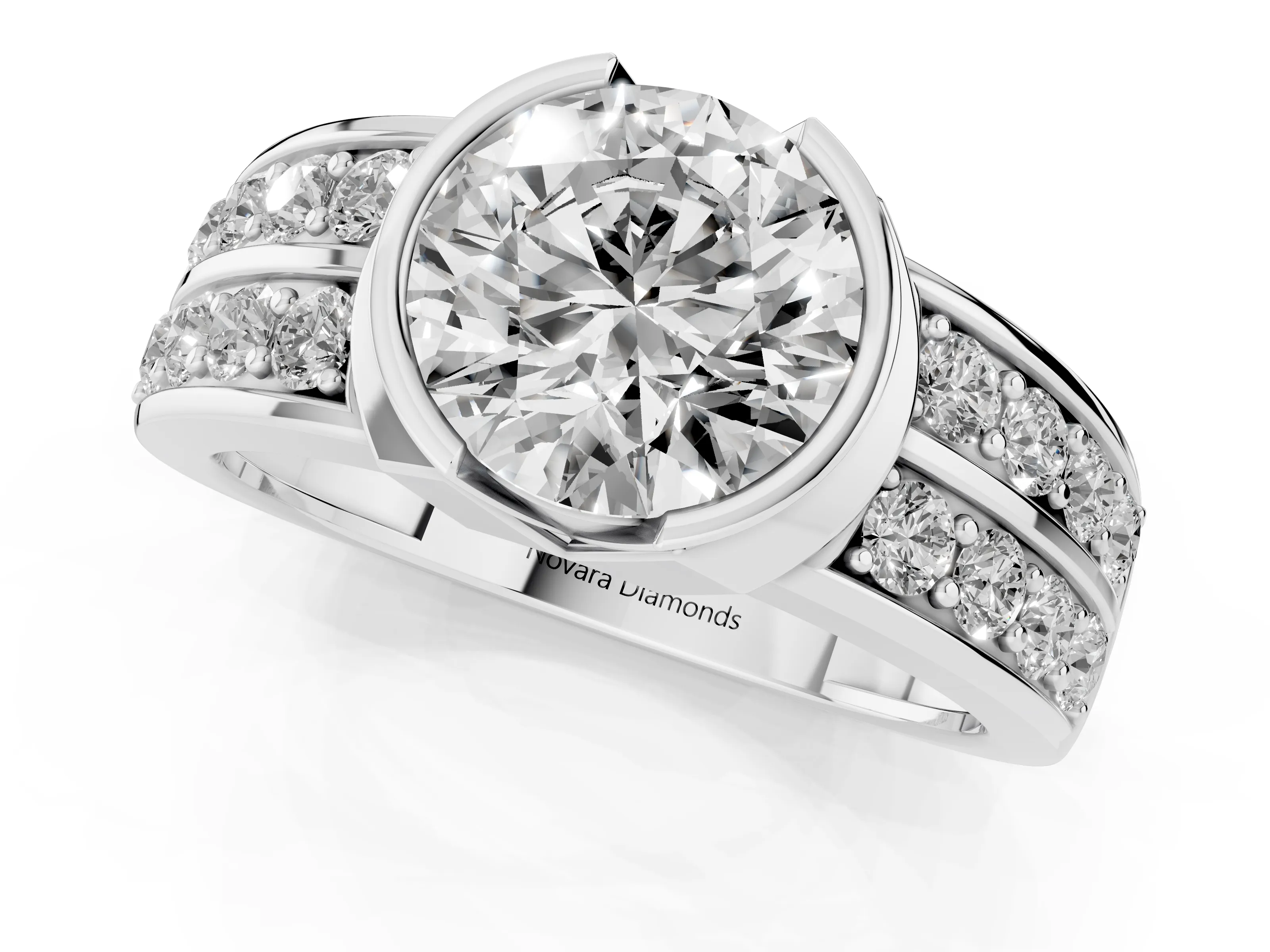 Round Cut Diamond Wide Channel Set Band Ring Set in White gold with Bezel Setting