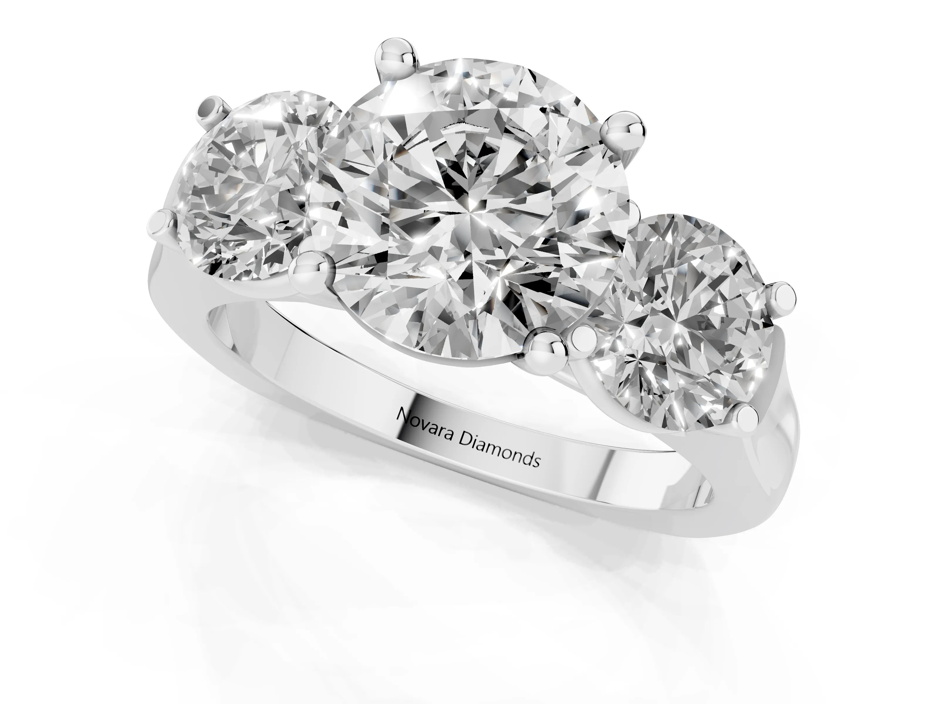 Round Cut Diamond Three-Stone Trellis Ring Set in White gold with Comfort Fit Band
