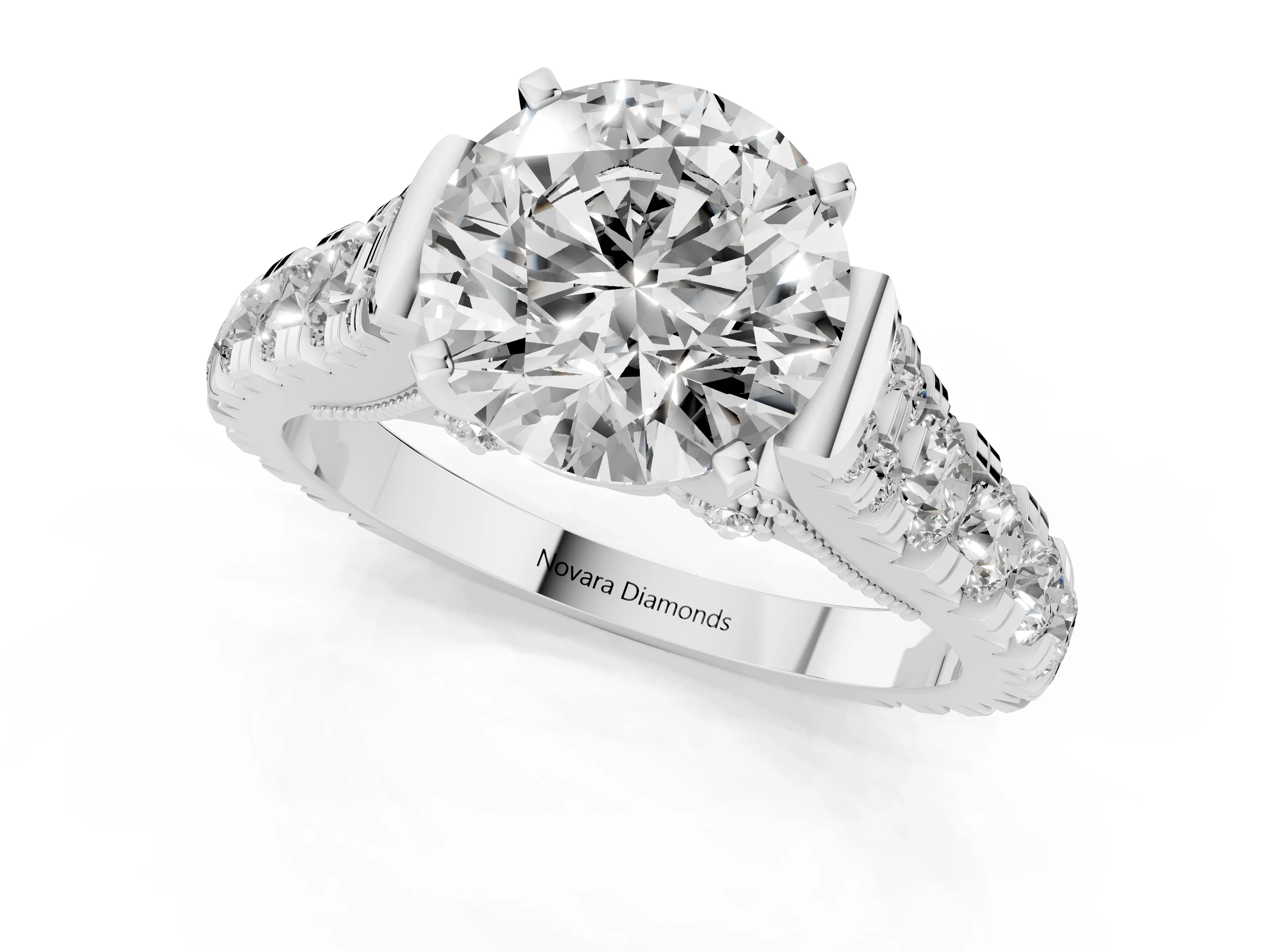 Round Cut Diamond Classic Solitaire Ring Set in Platinum with Pavé Band and Prong Setting