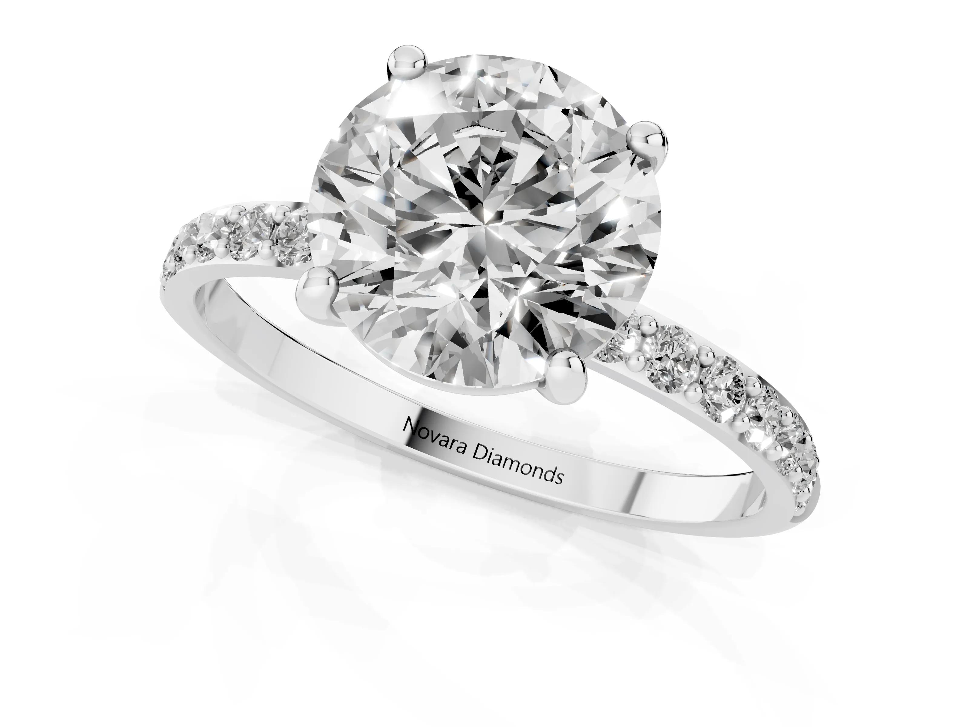 Round Cut Diamond Solitaire Ring Set in Platinum with Round Pavé Band and Prong Setting