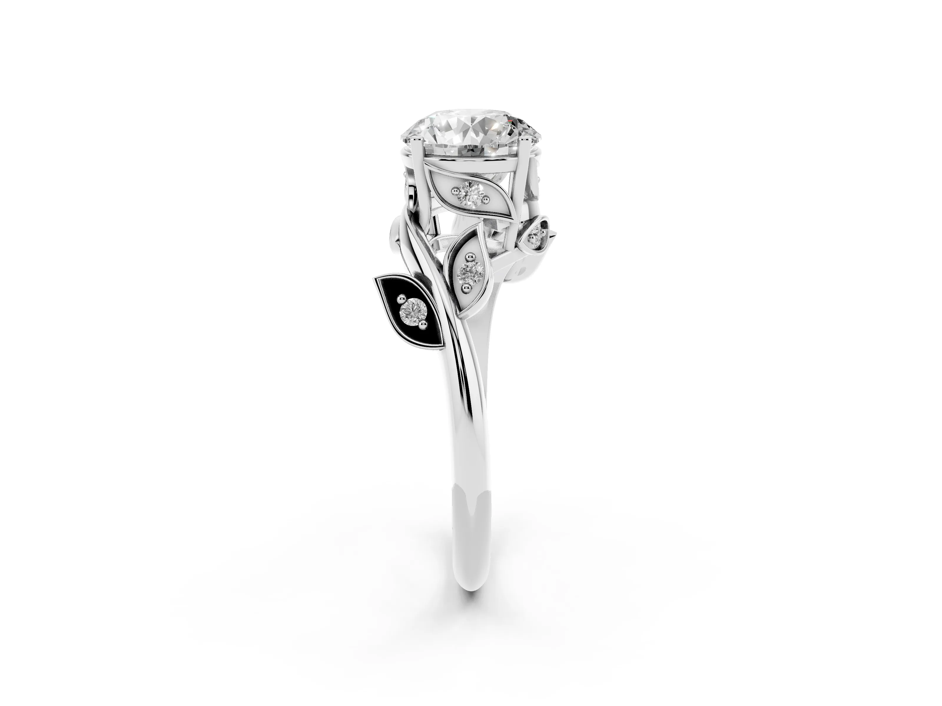 Round Cut Diamond Solitaire Twist Engagement Ring Set in Platinum with Pavé Leaf Accents