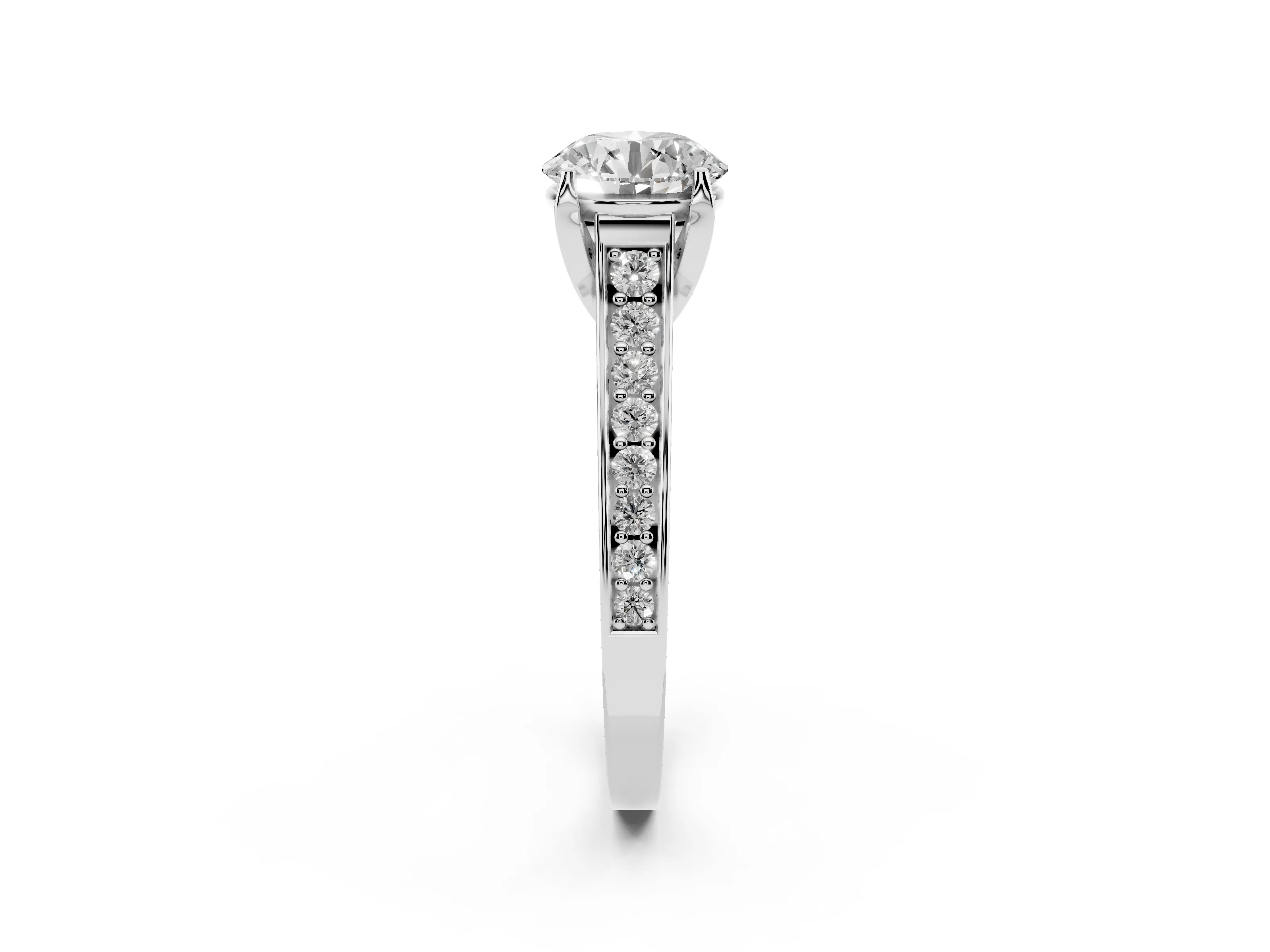 Round Cut Diamond Solitaire Pavé Engagement Ring Set in Silver with Prong Setting