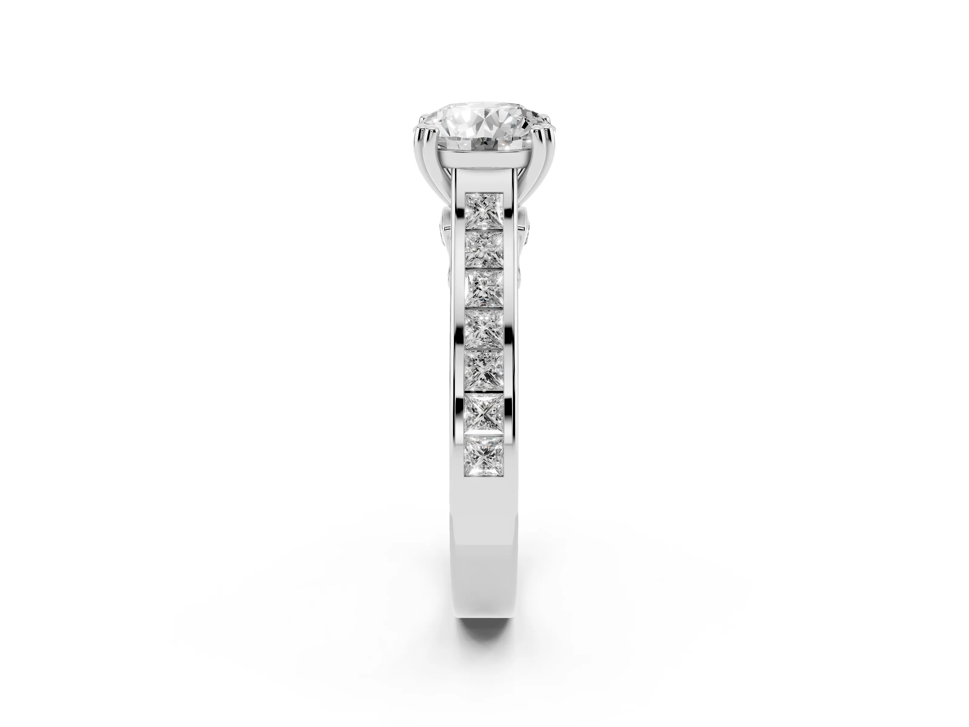 Round Cut Diamond Channel Set Solitaire Engagement Ring Set in Silver with Prong Setting
