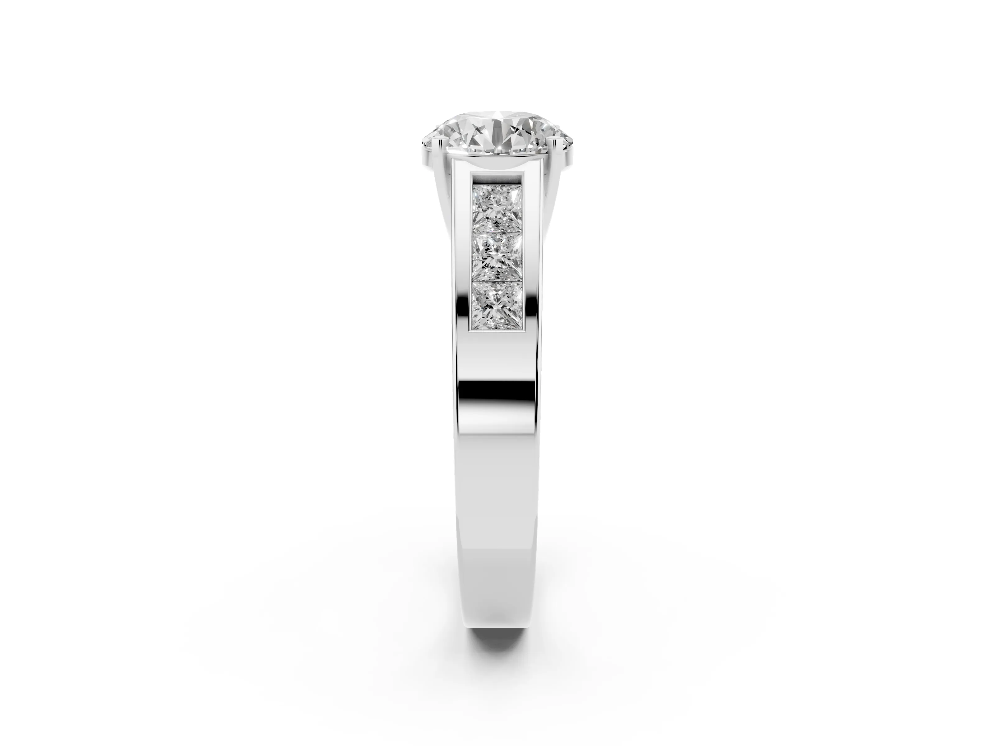 Round Cut Diamond Solitaire Ring Set in Silver with Channel-Set Accent Stones and Prong Setting