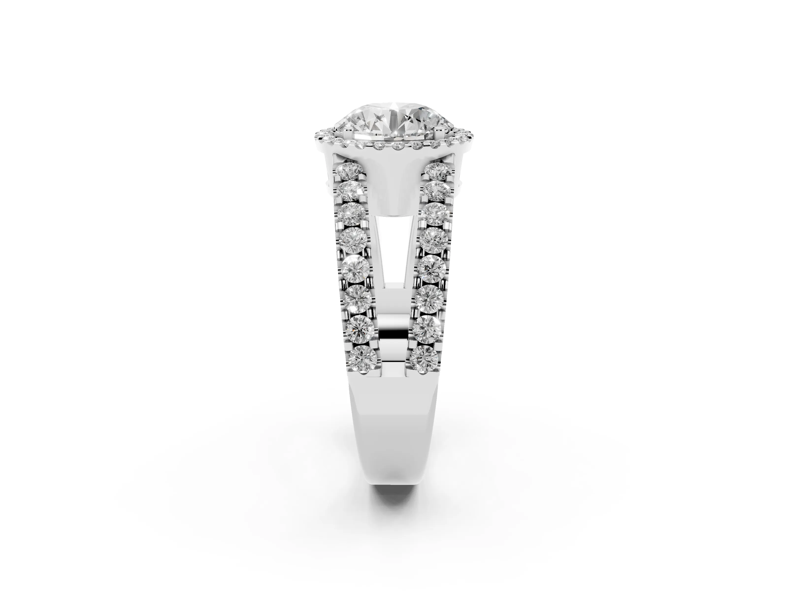 Round Cut Diamond Halo Ring Set in White gold with Pavé Split Shank and Prong Setting