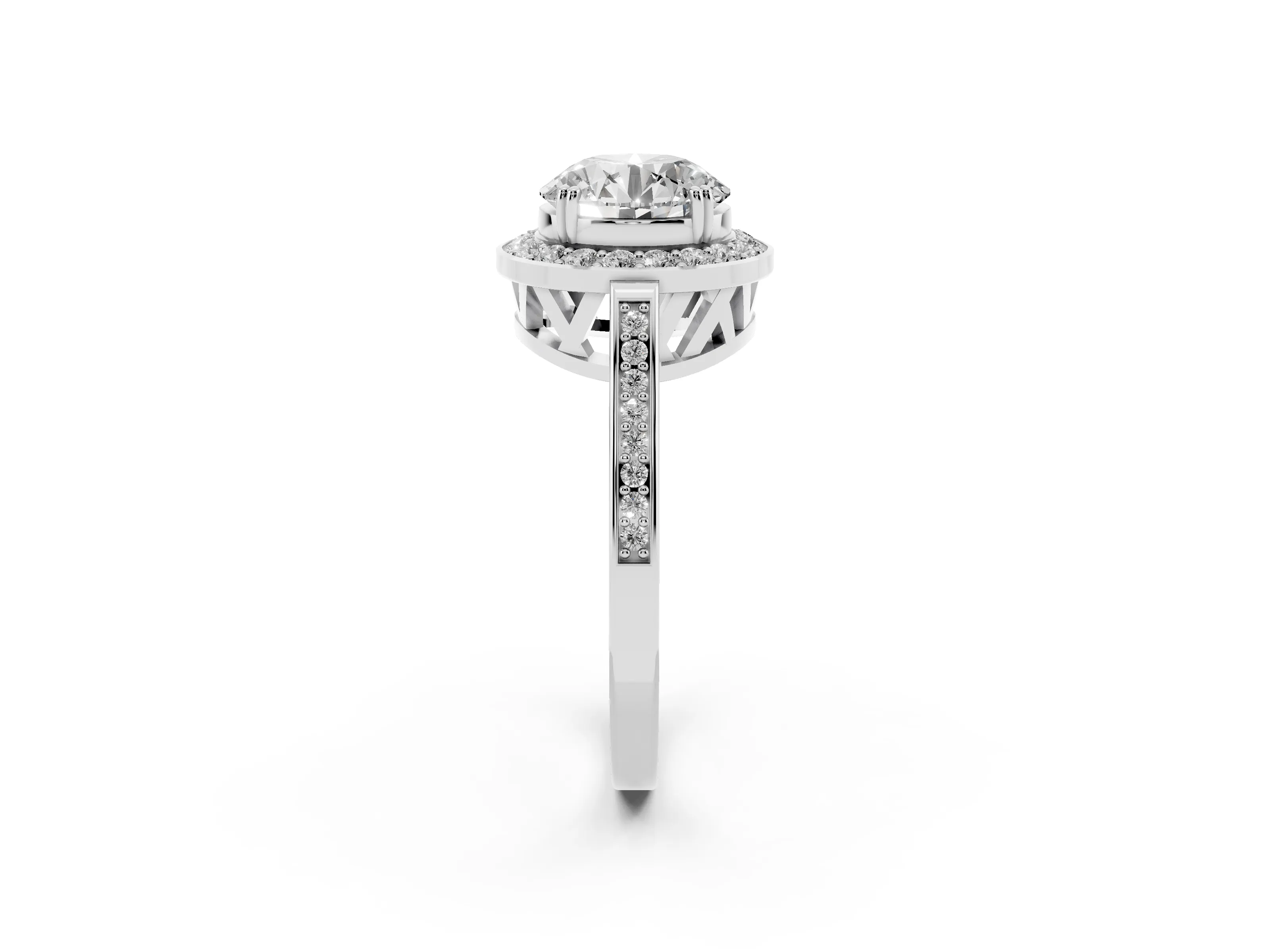 Round Cut Diamond Halo Ring Set in Platinum with Accent-Lined Split Shank and Prong Setting