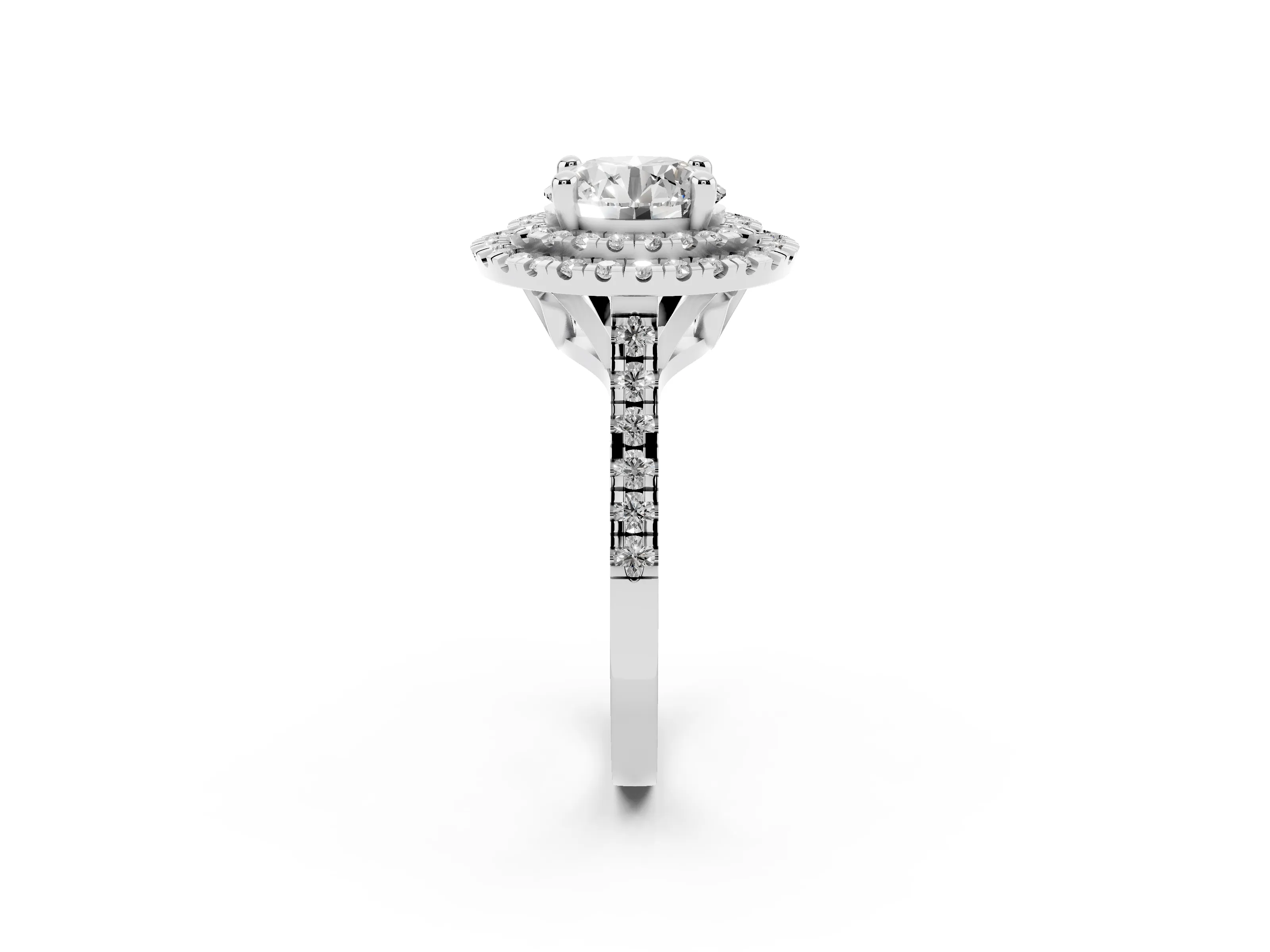 Round Cut Diamond Double Halo Statement Ring Set in Silver with Pavé Band