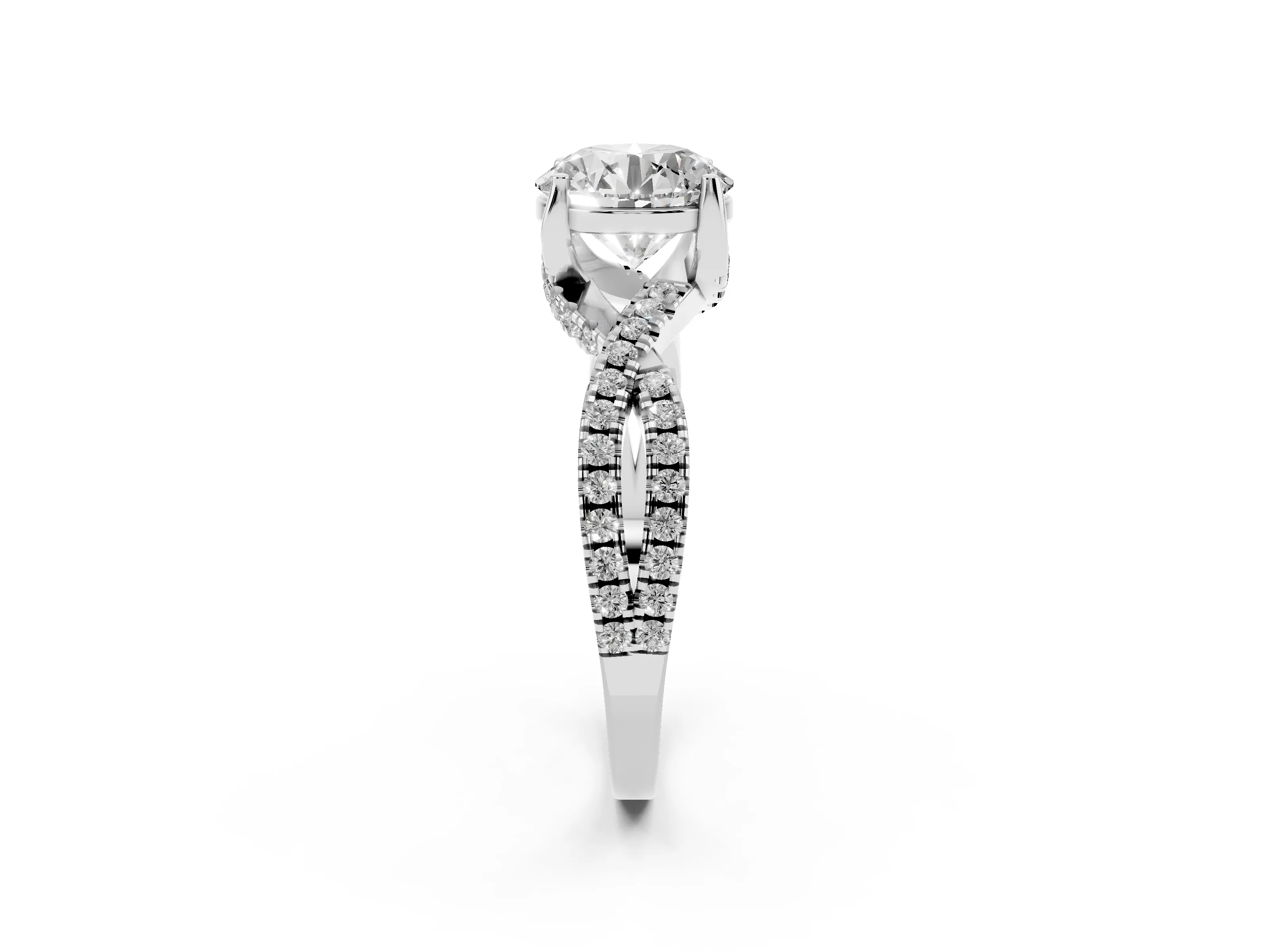 Round Cut Diamond Twist Pavé Solitaire Engagement Ring Set in Silver with Prong Setting