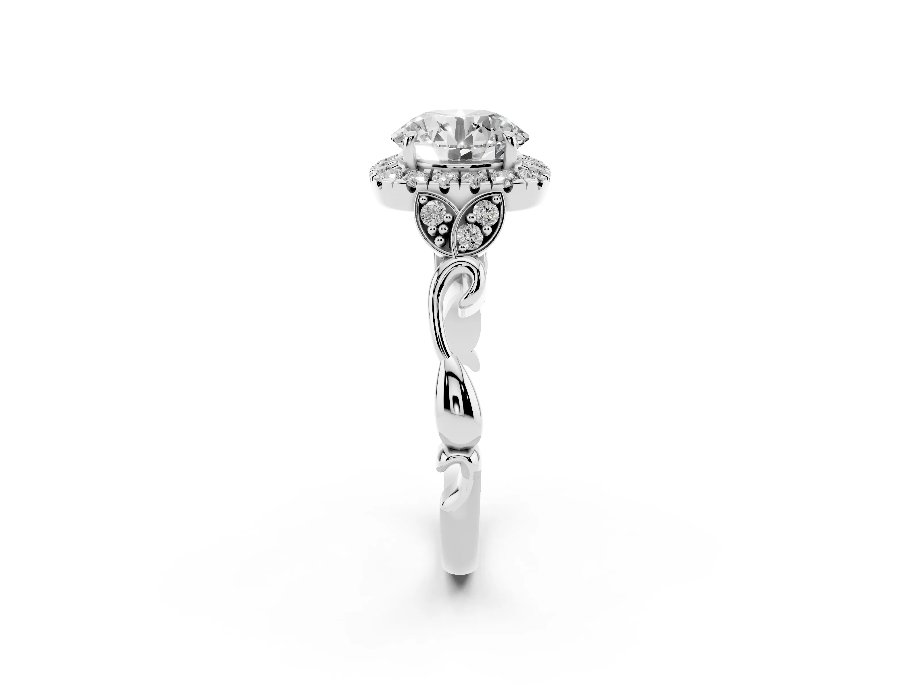 Round Cut Diamond Halo Engagement Ring Set in White gold with Vintage-Inspired Band and Prong Setting