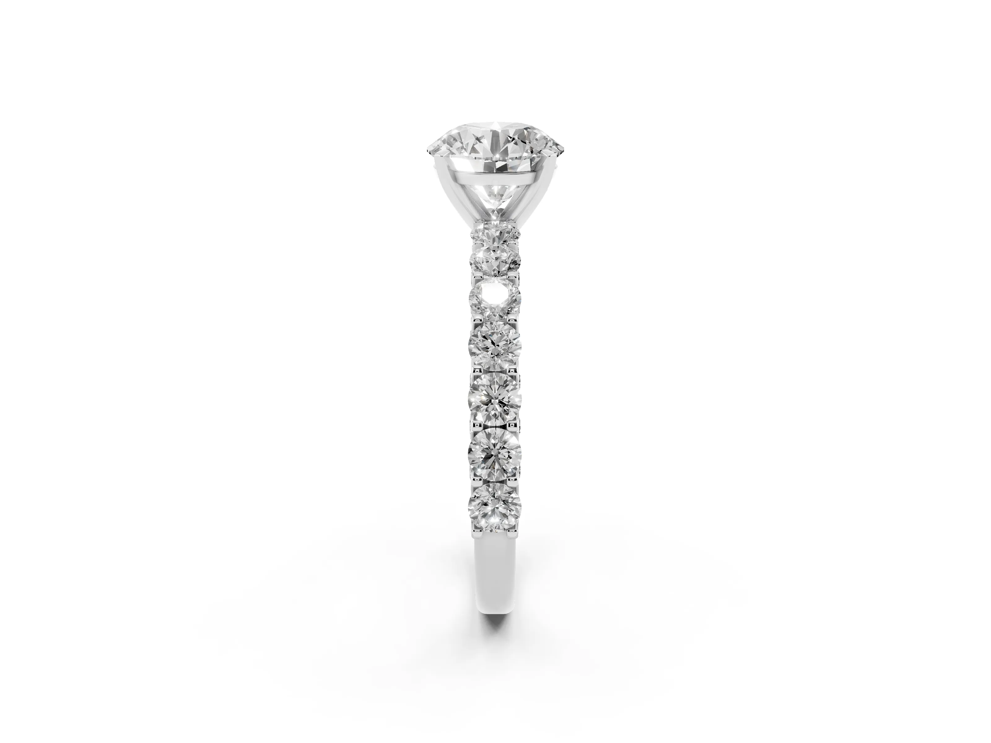 Round Cut Diamond Solitaire Ring Set in Platinum with Shared Prong Pavé Band