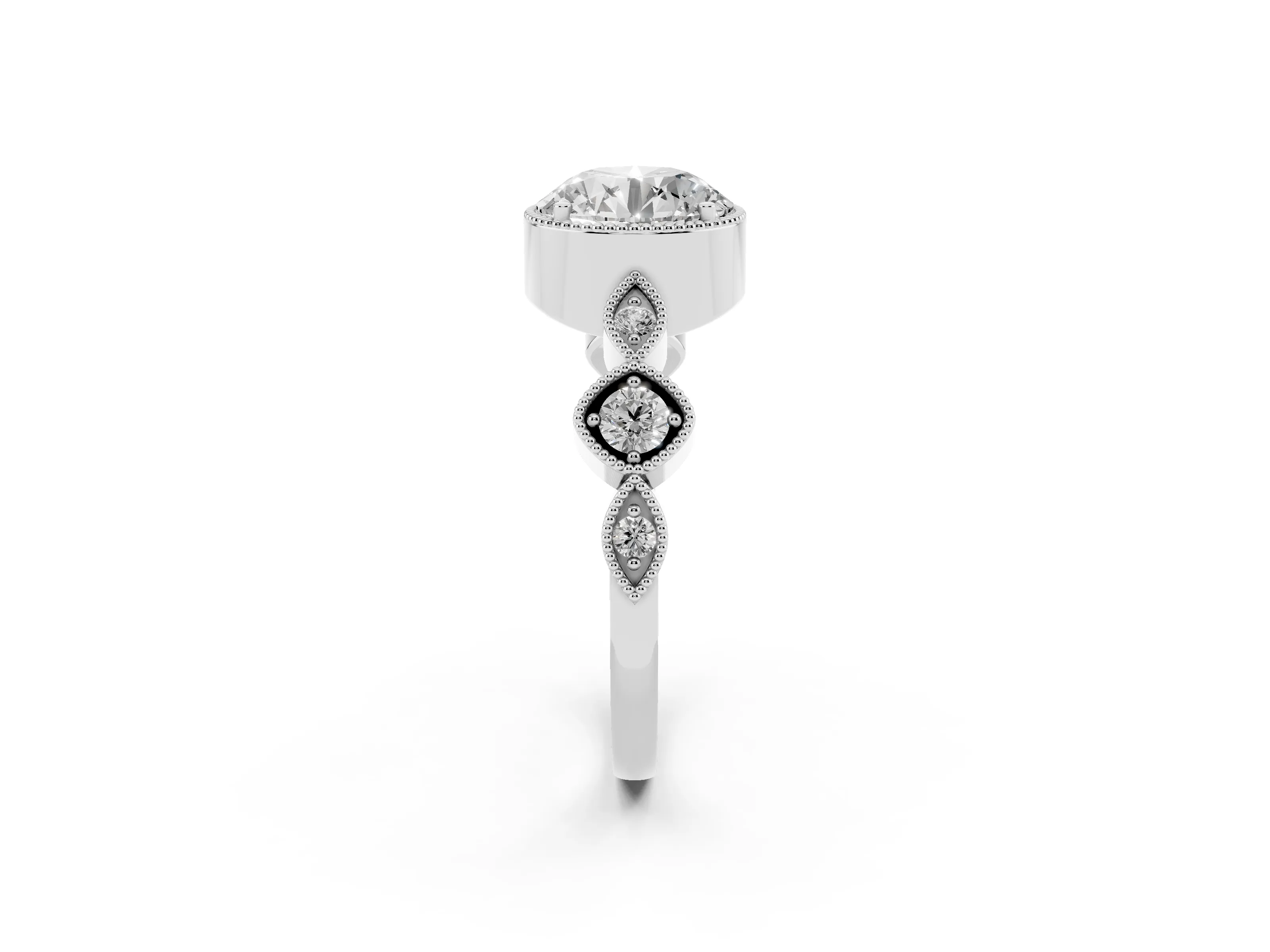 Round Cut Diamond Vintage-Inspired Milgrain Ring Set in Platinum with Marquise Stations of Round Accents
