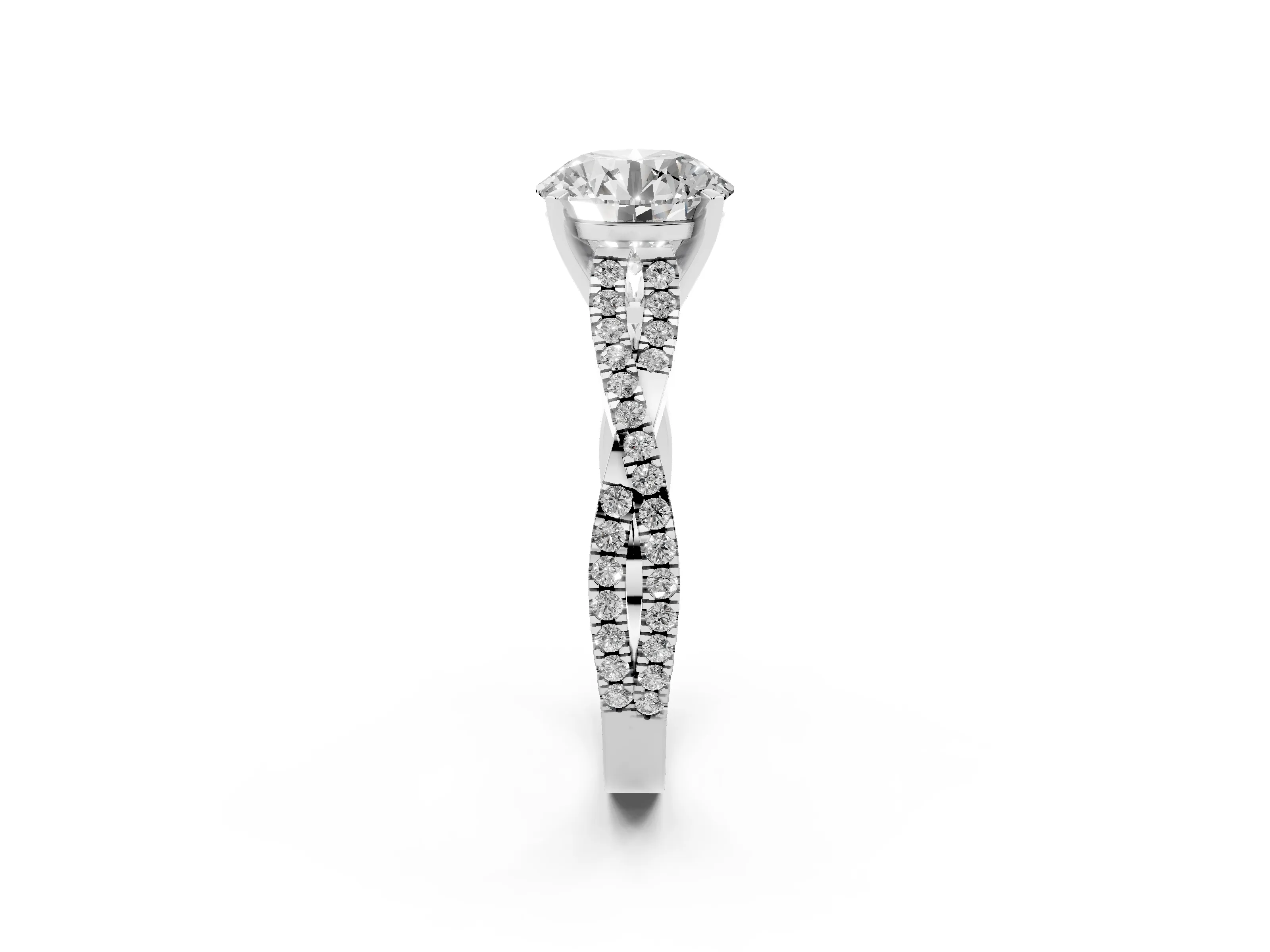 Round Cut Diamond Solitaire Engagement Ring Set in Platinum with Twisted Pavé Band and Prong Setting