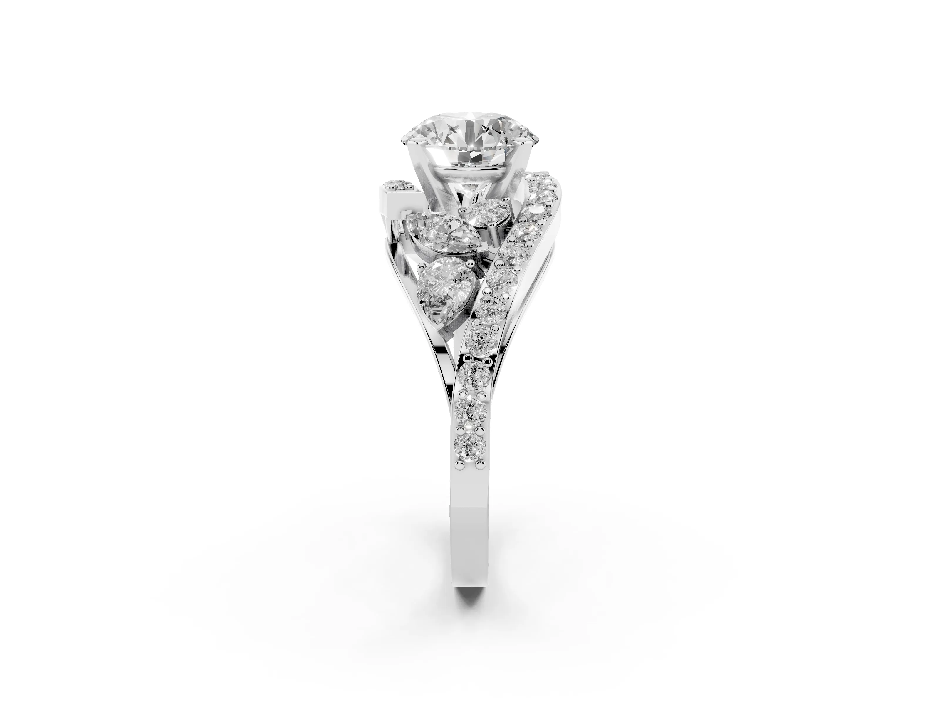 Round Cut Diamond Halo Ring Set in Platinum with Marquise and Pavé Band in Prong Setting