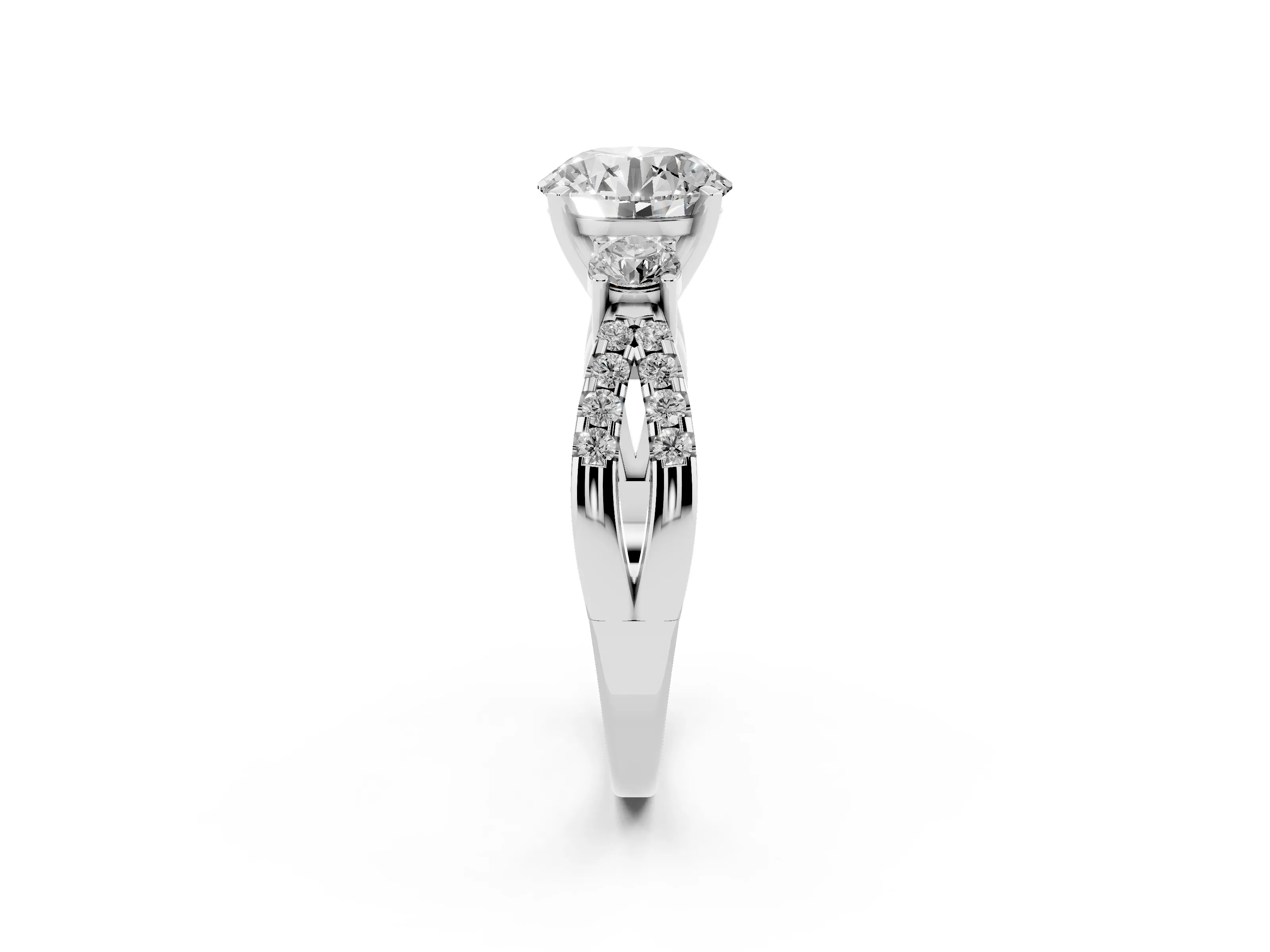Round Cut Diamond Three-Stone Ring Set in Silver with Pavé Split Shank and Prong Setting