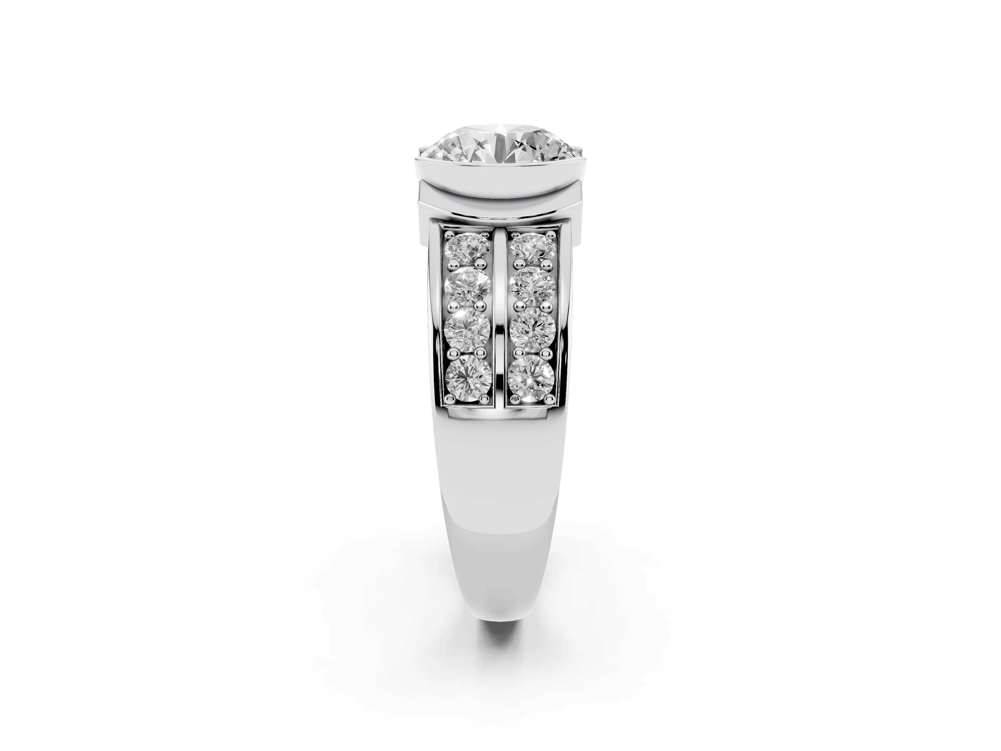 Round Cut Diamond Wide Channel Set Band Ring Set in White gold with Bezel Setting