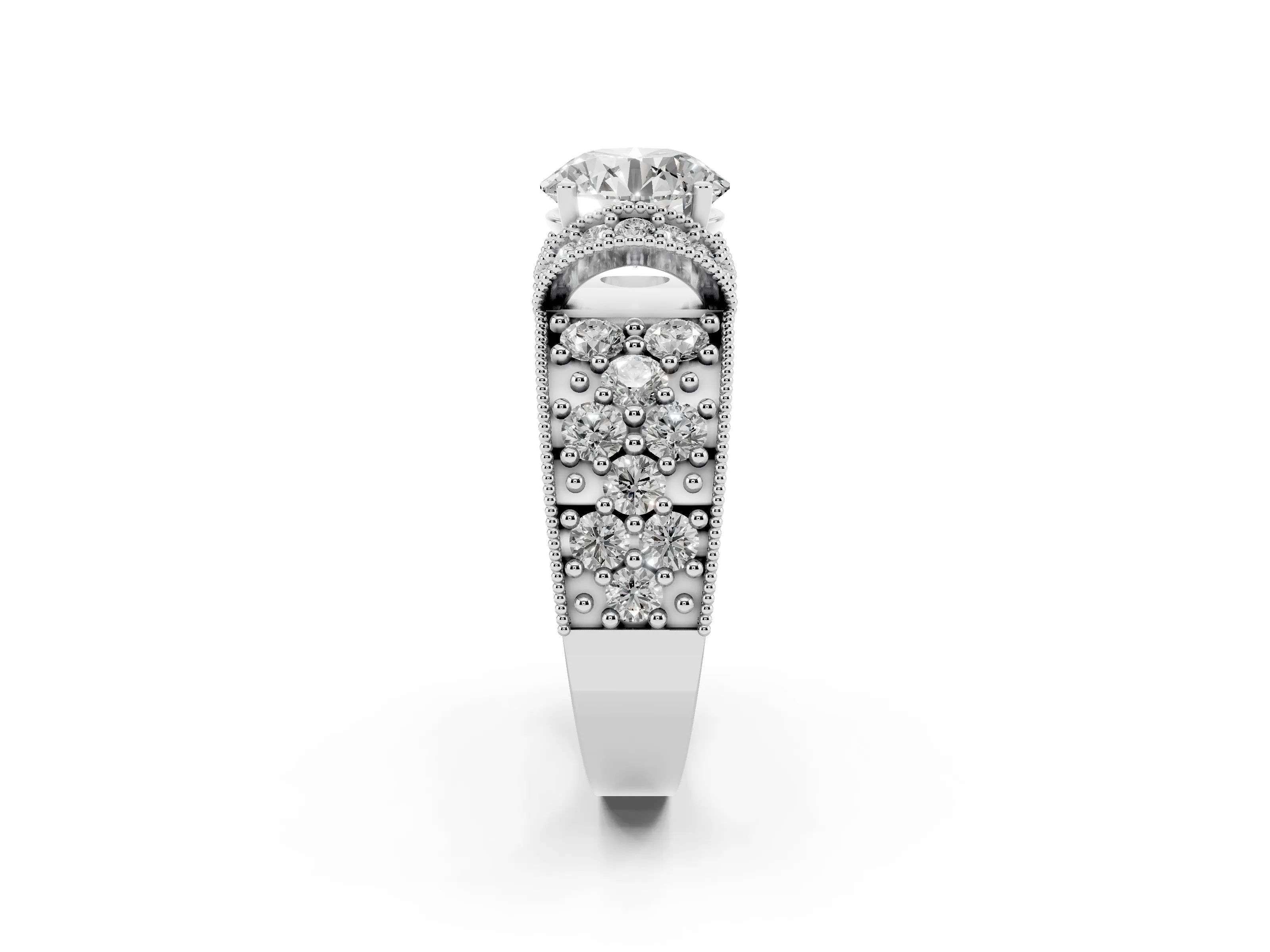 Round Cut Diamond Milgrain Halo Pavé Engagement Ring Set in White gold with Prong Setting